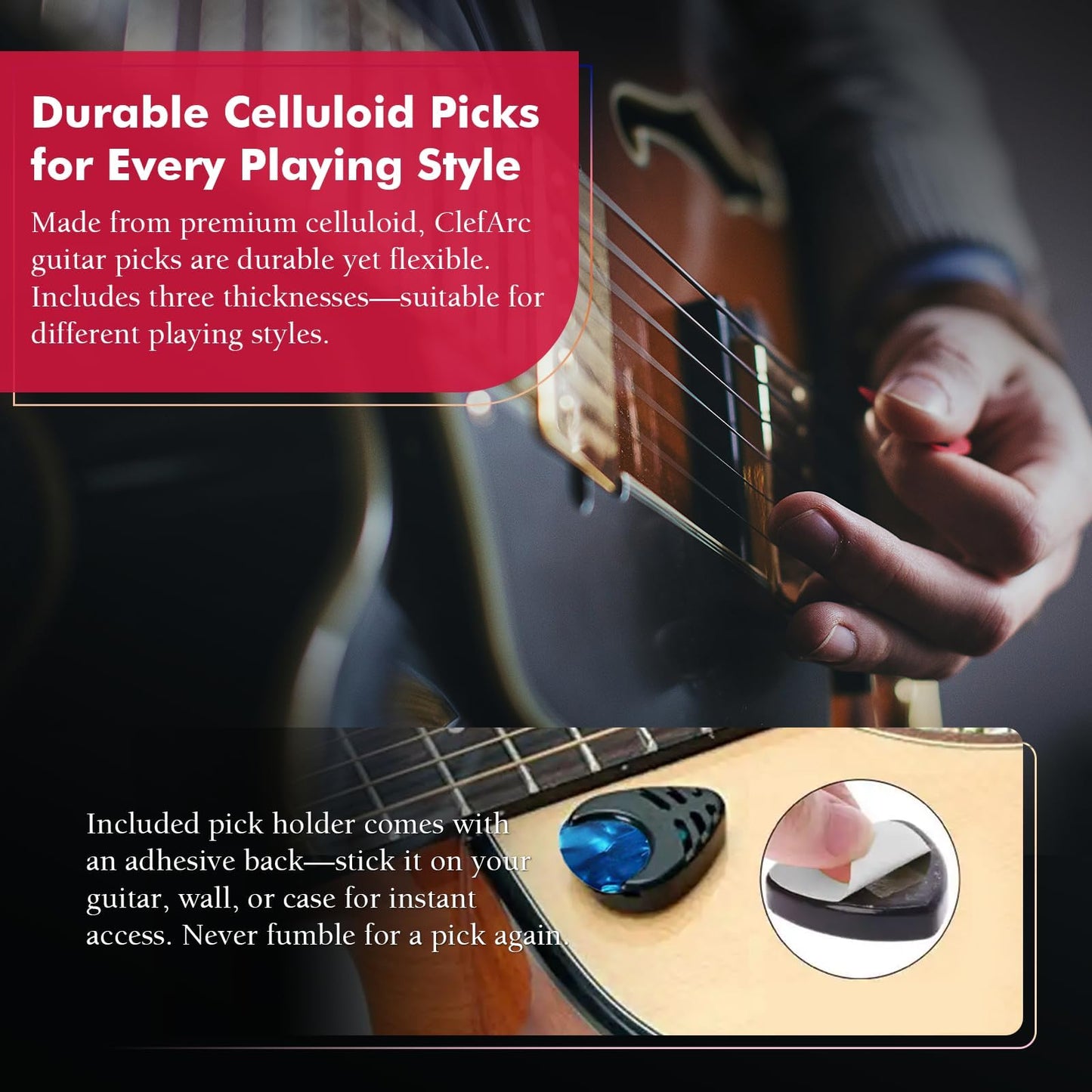 ClefArc Black Guitar Wall Mount 5 Pack, Picks and Pick Holders, Beechwood