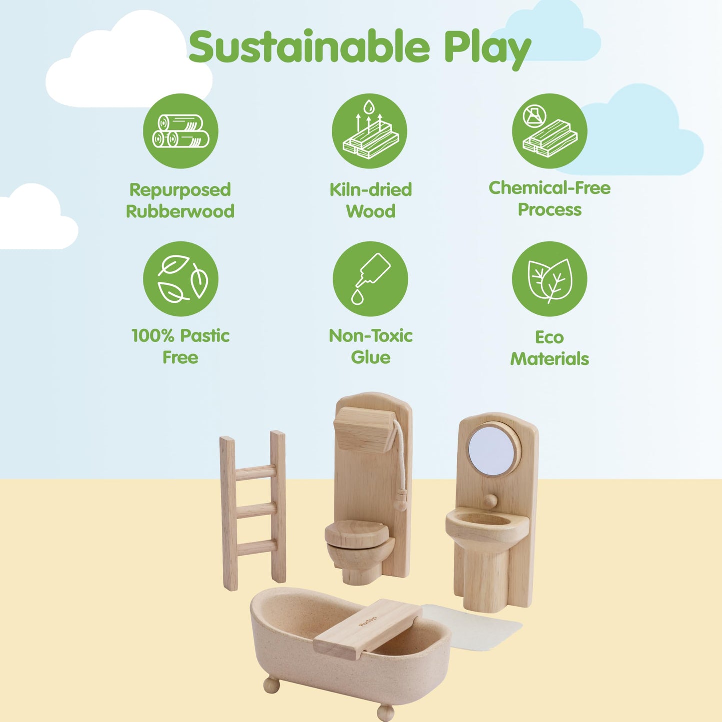 PlanToys® Wooden Victorian Bathroom & Bedroom Dollhouse Furniture Set | Montessori 1:12 Scale Pretend Play Bundle for Daily Routines, Self Care, Rest & Eco Friendly Storytelling Play