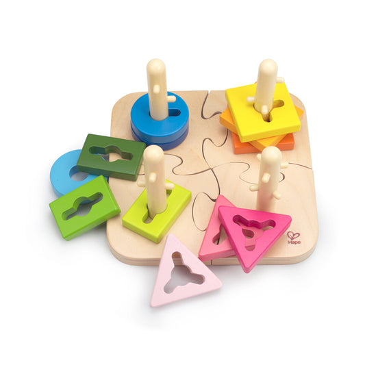 Hape Wooden Creative Peg Puzzle| Shape Sorter Stacking Peg Puzzle| Montessori Color Recognition Stacker Toy for Toddlers