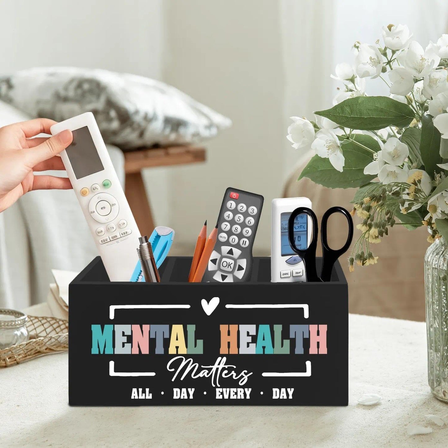 LIANGEAGOM Mental Health Matters Pen Pencil Holder Organizer for Desk Accessories, Therapy Office Decor, Motivational Wooden Box Signs Decorations for Therapist Counseling Office Desk Tabletop