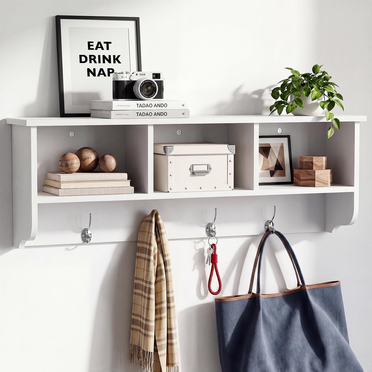 TUNGTAR 38.6inch Wall Mounted Entryway wooden Coat Rack with Storage Shelf 4 Dual Hooks Wooden Storage Living Room Wall Cabinet with 3 Cubbies Space Saving Hanging Shelf for Hats Bags Coats (White)