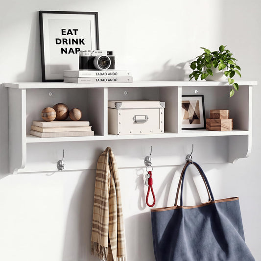 TUNGTAR 38.6inch Wall Mounted Entryway wooden Coat Rack with Storage Shelf 4 Dual Hooks Wooden Storage Living Room Wall Cabinet with 3 Cubbies Space Saving Hanging Shelf for Hats Bags Coats (White)