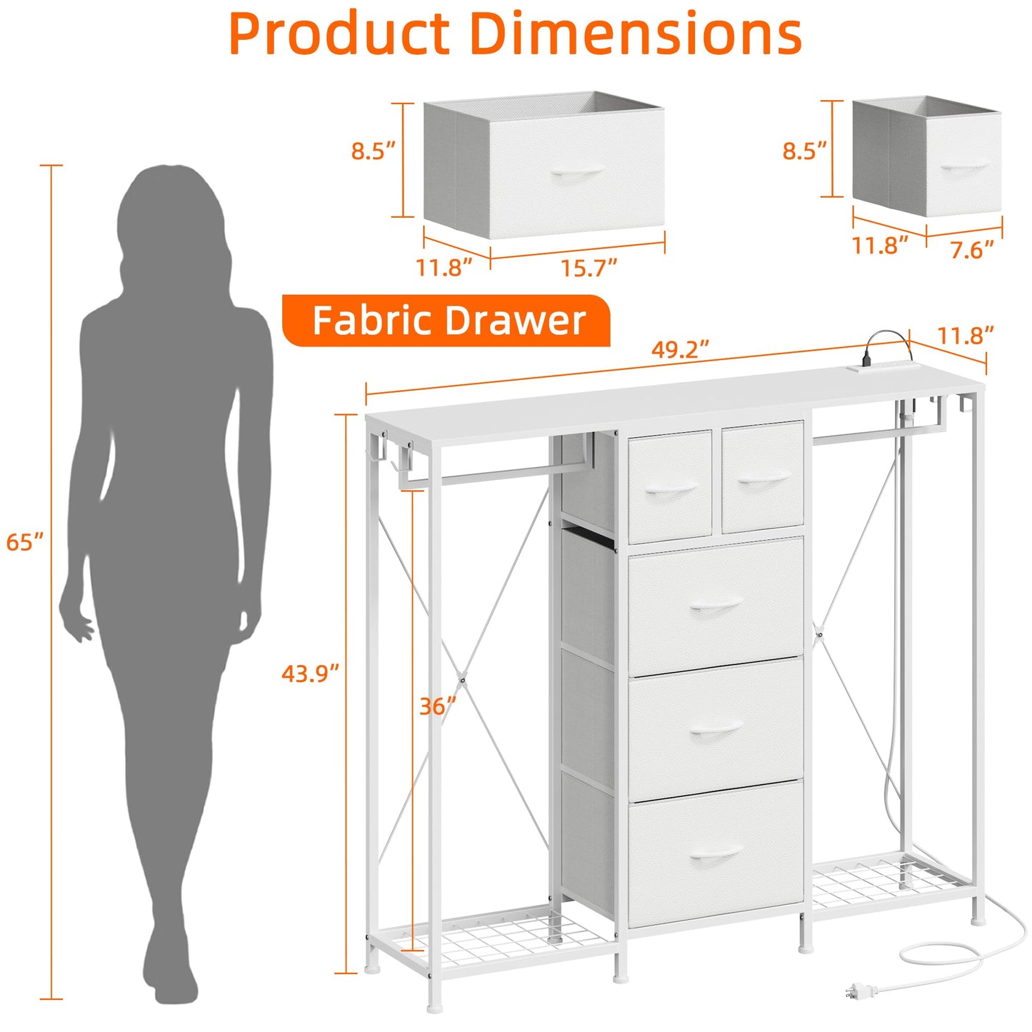 HIGDBFE 5-Drawer Dresser with 2 Hanging Racks, White, 49.2" W