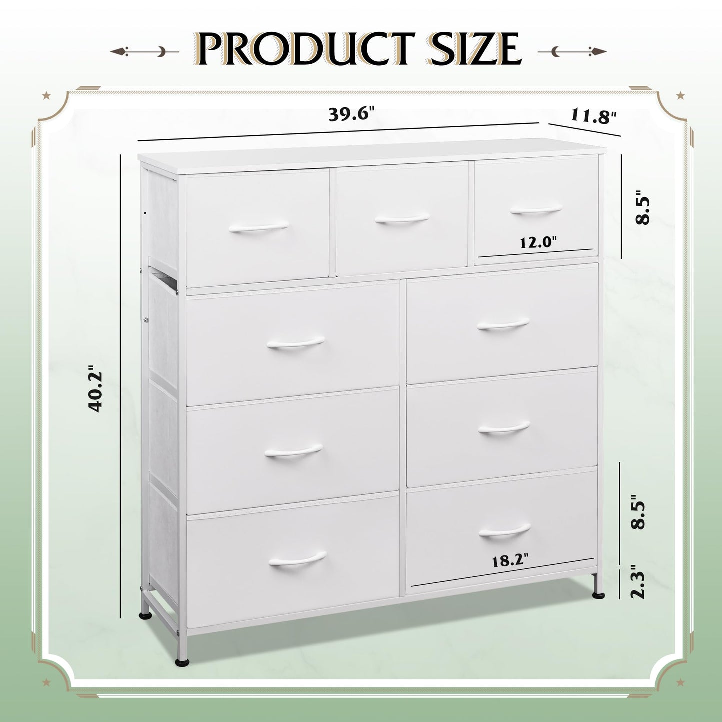 WLIVE 9-Drawer Dresser & Nightstands for Bedroom Set of 2, Organizer Unit for Bedroom with Fabric Bins, Steel Frame, Wood Top, Easy Pull Handle, White
