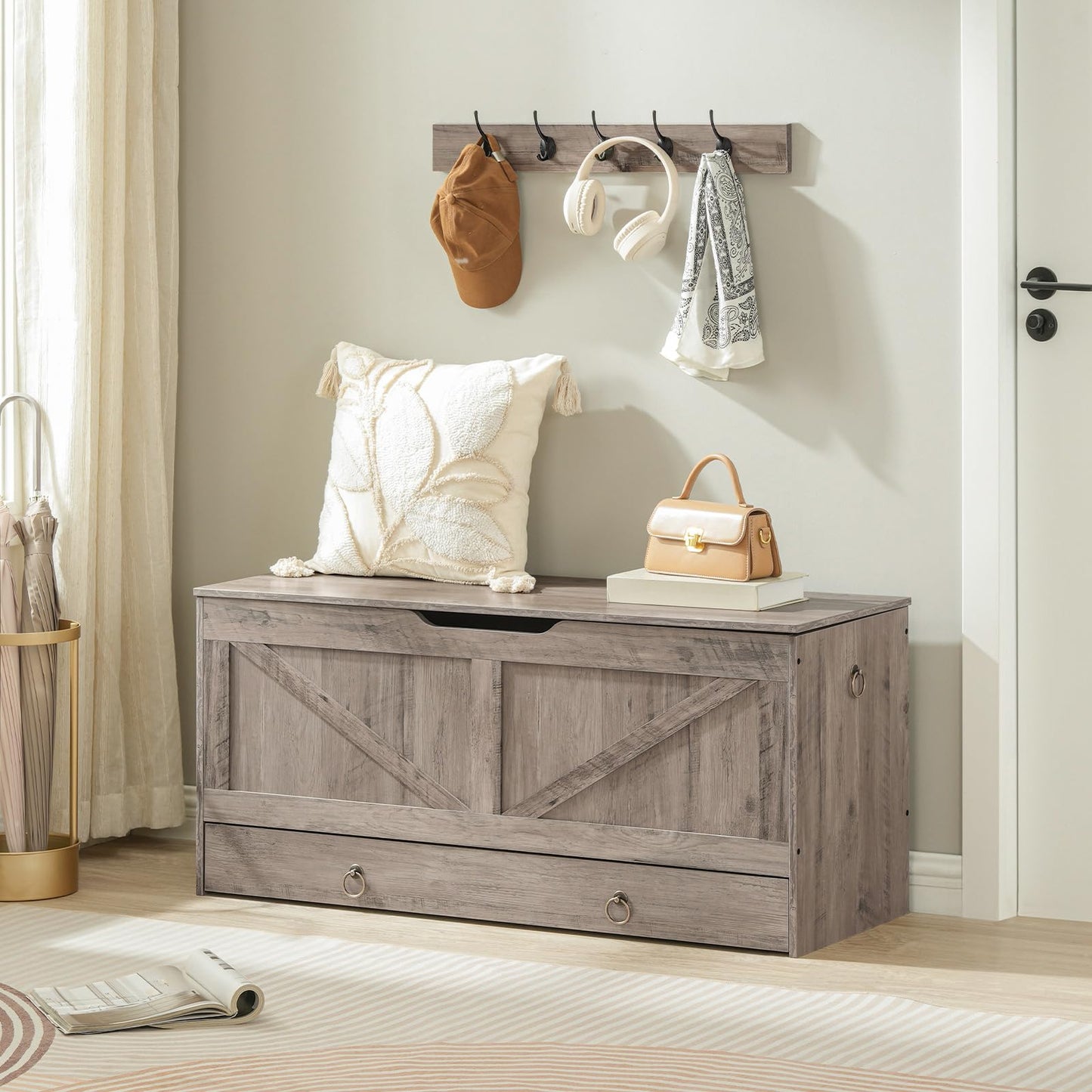 HOOBRO Storage Chest, 43.3" Toy Chest with Drawer, Wooden Storage Bench, Sturdy Entryway Bench Supports 220 lb, Shoe Bench, Safety Hinge, U-Shaped Opening, Easy Assembly, Greige BG711CW01G1