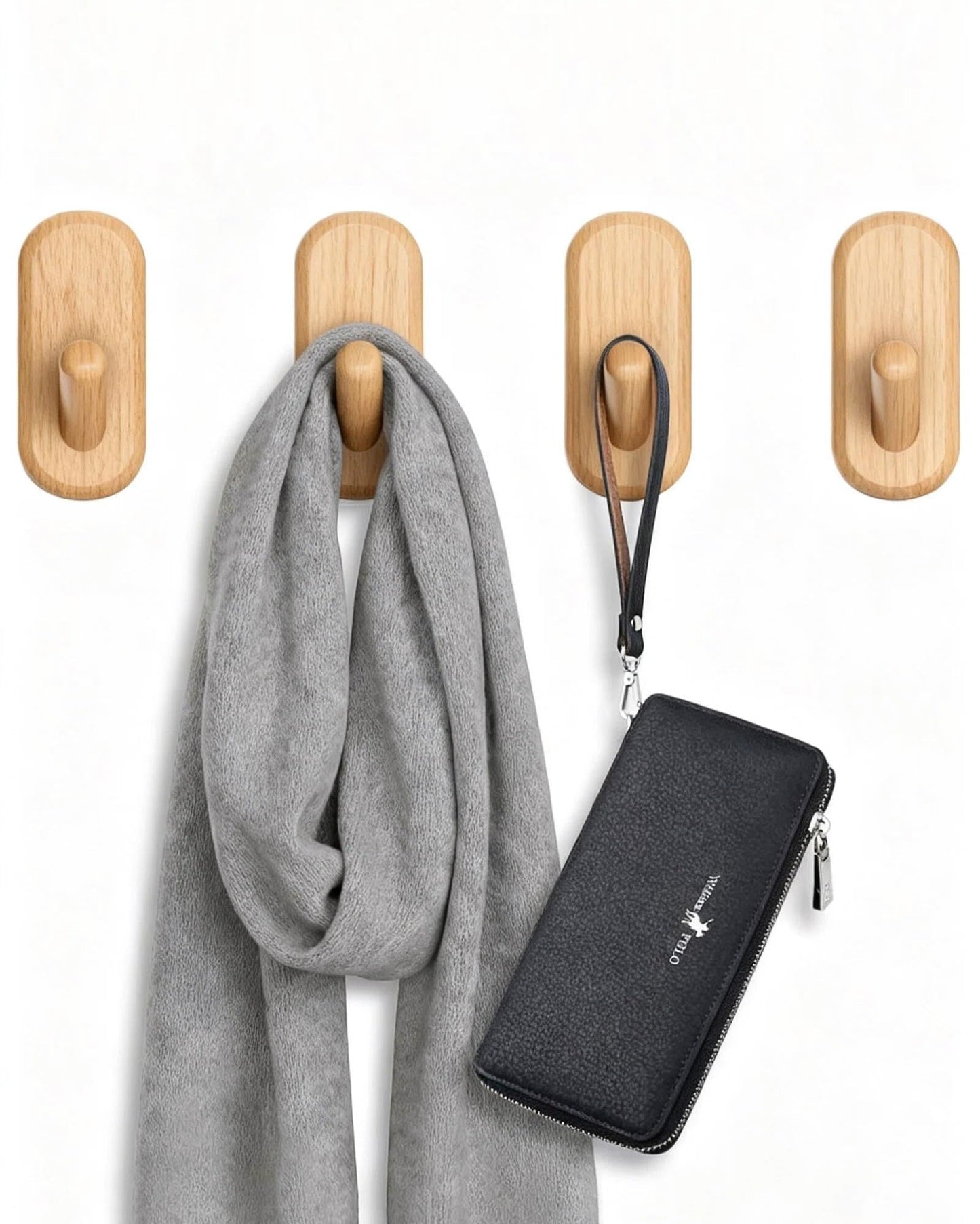 FCOWK Wooden Wall Hooks for Hanging - 4 Pack Heavy Duty Coat Hooks Wall Mount- Solid Natural Wood Hat, Bag, Backpack & Towel Hooks - Modern Key Holder for Bathroom & Entryway (Beech)