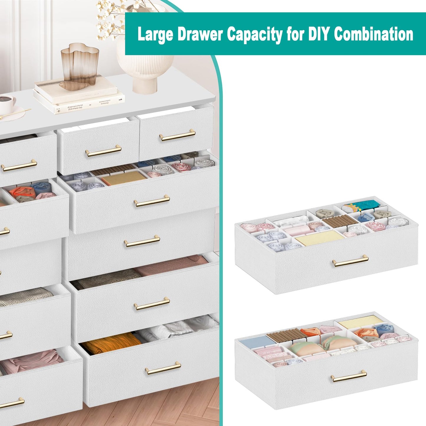 VASICAR Chest of Drawers for Bedroom with 12 Deep Drawers Tall Fabric Dresser, Storage Cabinet for Closet, Nursery, Bedside, Living Room, Entryway, Hallway (White)