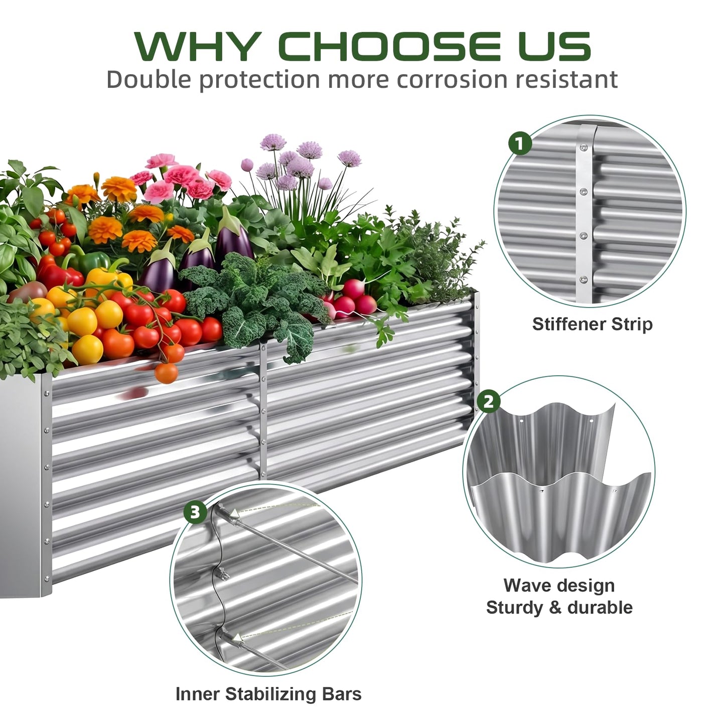 AHEONLAR 2 Pack 8×4×1.5ft Galvanized Raised Garden Beds Outdoor, Rectangle Sturdy and Durable Planter Boxes for Vegetables, Fruits, Flowers and Plants, Easy Assembly, Silver