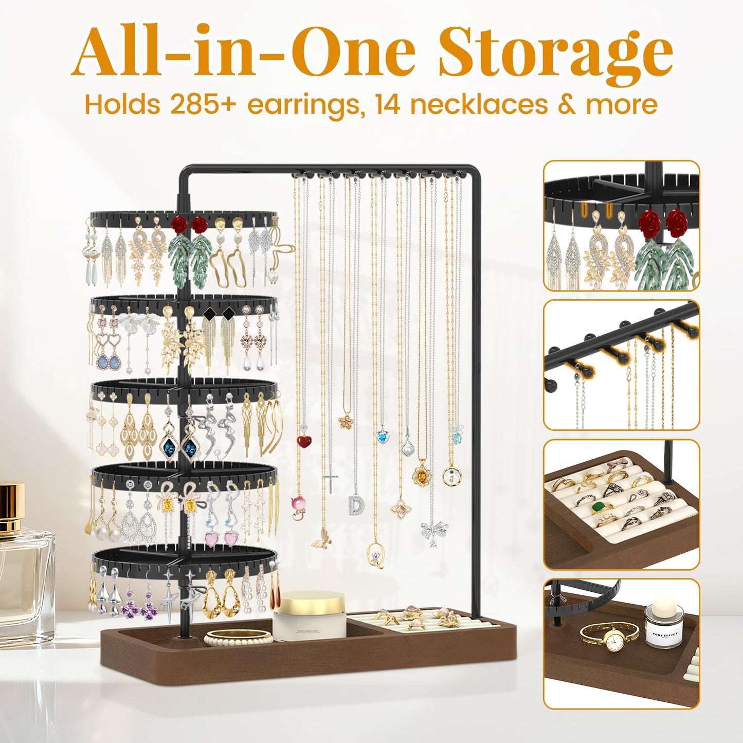 EsLuker.ly Earring Holder Organizer Necklace Display Stand, Jewelry Tree Rack Storage with Wooden Ring Tray for Women Vendors Selling, 5 Tier Plastic Rotating Earring Tower, Prevent Tangling and Mess