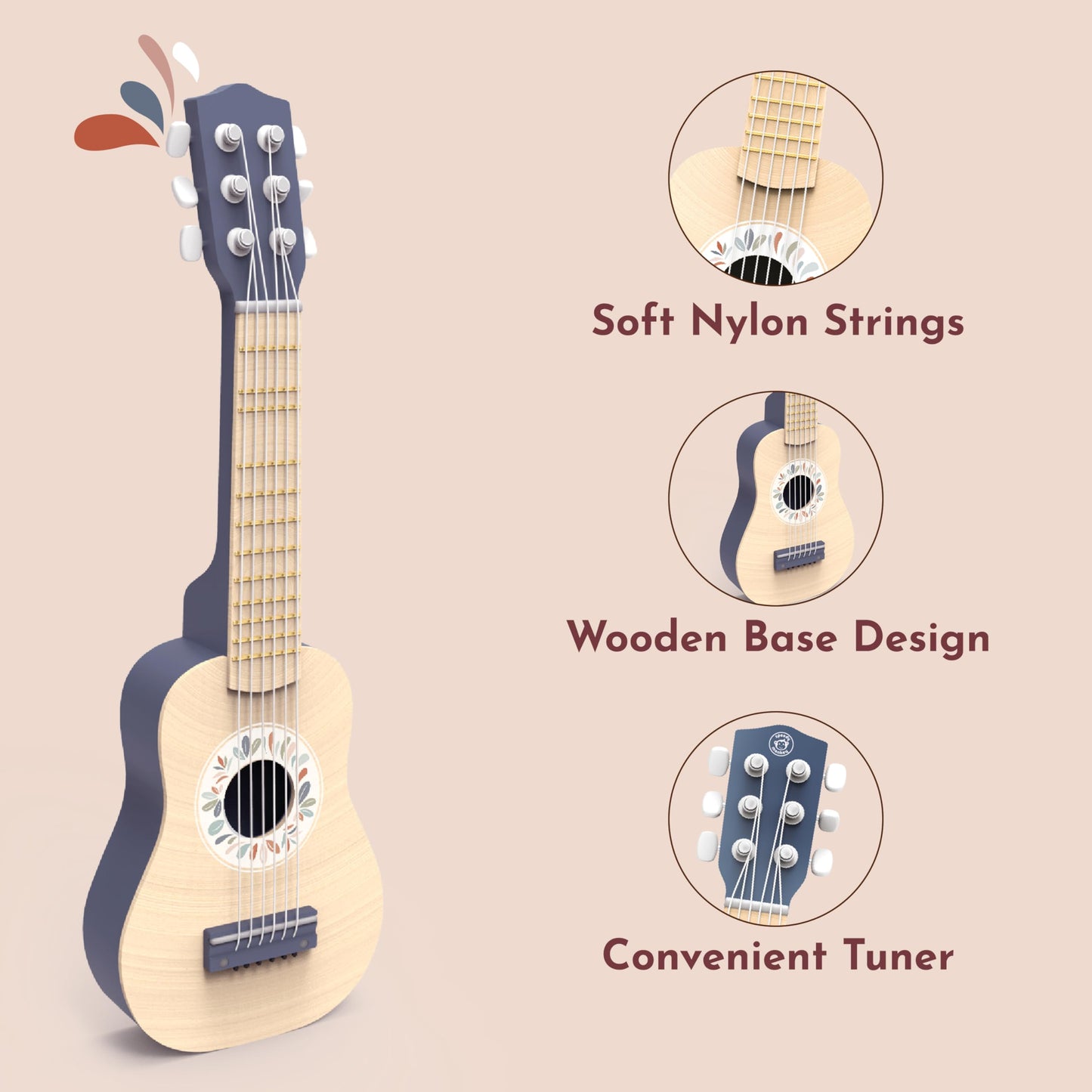 SPEEDY MONKEY Wooden Kids Guitar Toy 6-String Nylon for Ages 3+ Learning
