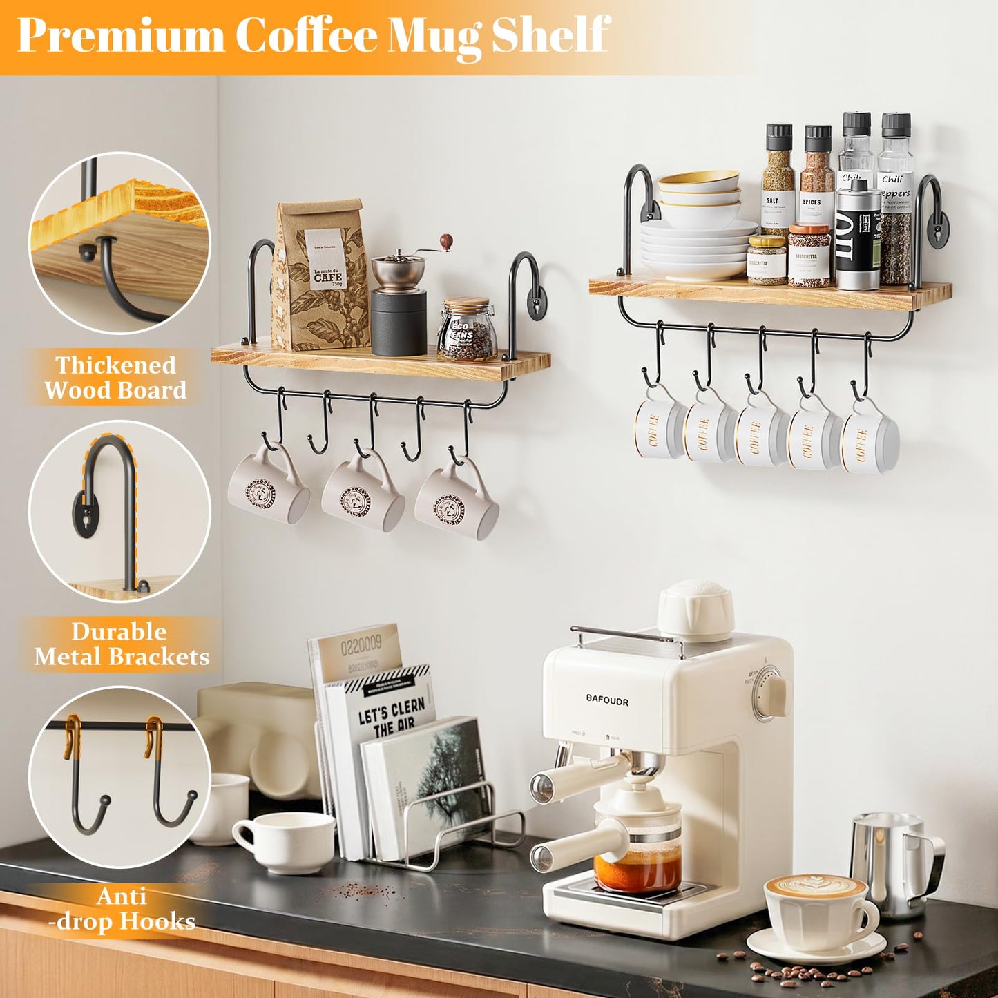 Olakee Floating Wall Shelves for Kitchen Bathroom Coffee Nook with 10 Adjustable Hooks for Coffee Mugs, Coffee Bar Organizer and Decor, Rustic Storage Shelves Set of 2