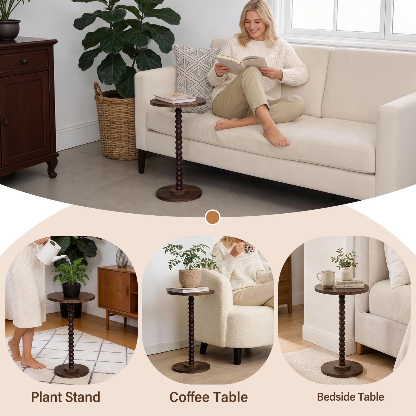 Round Side Table, Walnut Martini Drink Table for Small Spaces, Modern Pedestal Accent Tables with Wooden Leg, Small Round End Tables for Living Room, Bedroom, Balcony, Sofa Couch