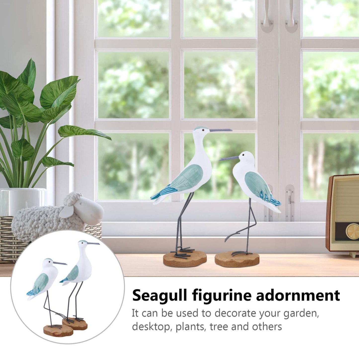 Sewroro 2pcs Wooden Seagull Statues, Wooden Seagull Figurine Bird Statues Simulation Sea Bird Figurines for Home Table Centerpiece