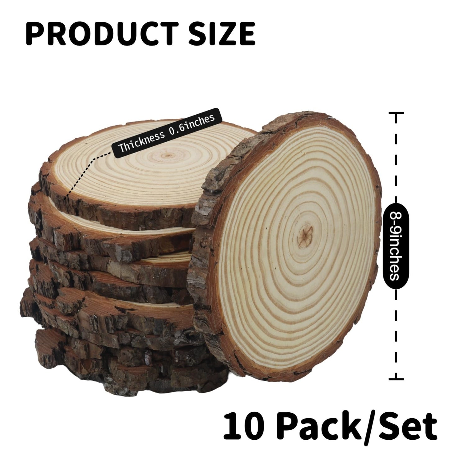 Large Wood Slices for Centerpieces, Natural Rustic Wooden Rounds, 8-9 Inch, Set of 10, for Wedding Tables, Events, Home Decor