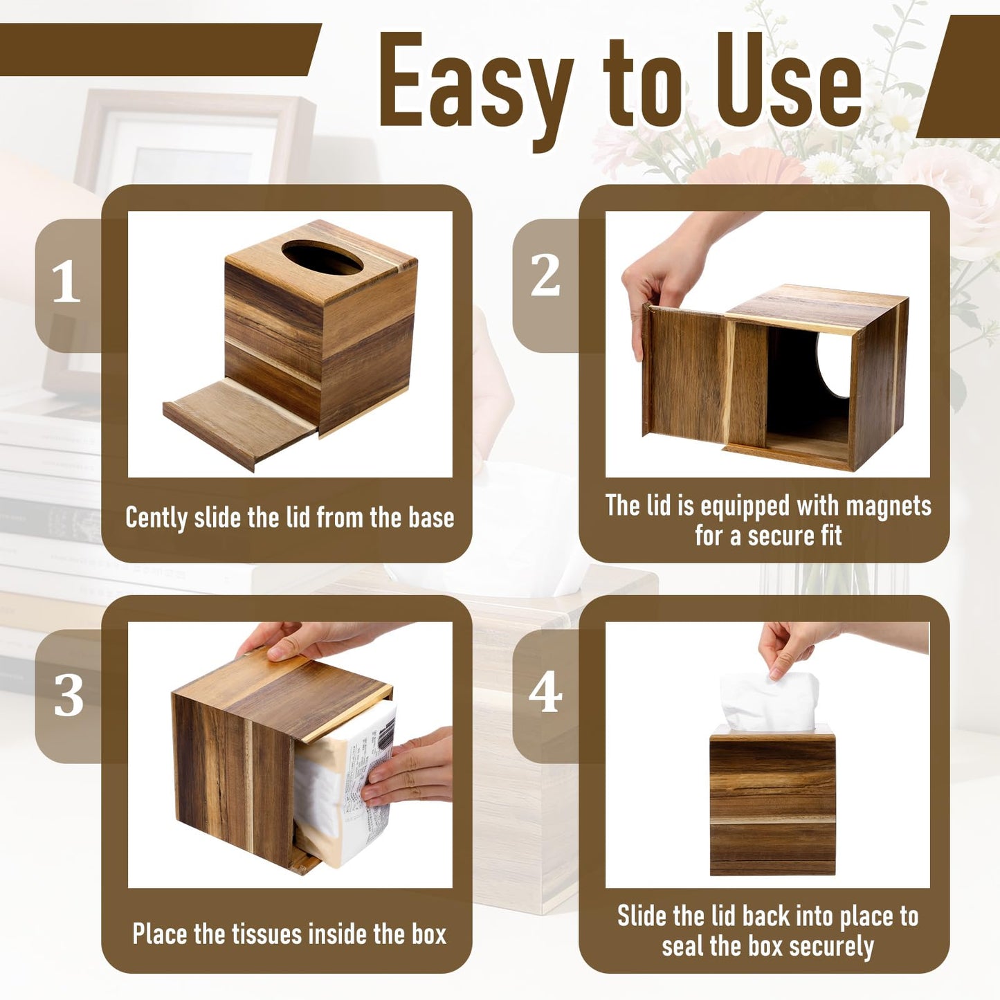 2 Pack Wooden Tissue Box Cover Square, Acacia Wood, 5.5 x 5.5 x 6.2