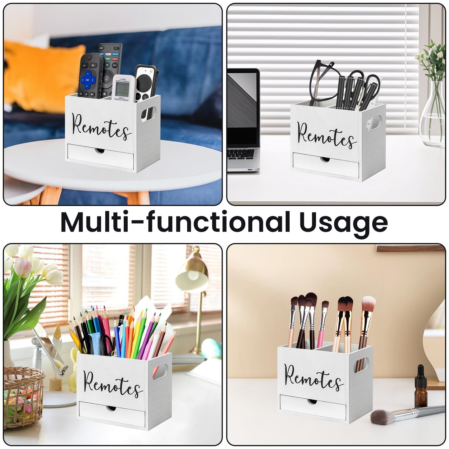 MZYOUHUO Remote Control Holder, 2 Slot Wooden TV Remote Holder for Table, Remote Box Desk Organizer with Drawers for Home Nightstand Office Supplies (White)