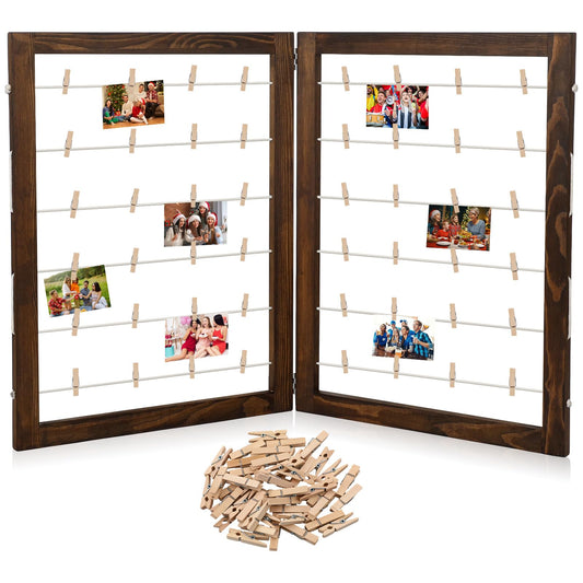 Geelin 36 x 24 Inch Photo Display Board with Clip Farmhouse Picture Display Wooden Rustic Freestanding Picture Collage Frame Wedding Tabletop Decor for Home Dorm (2 Panel,Brown)