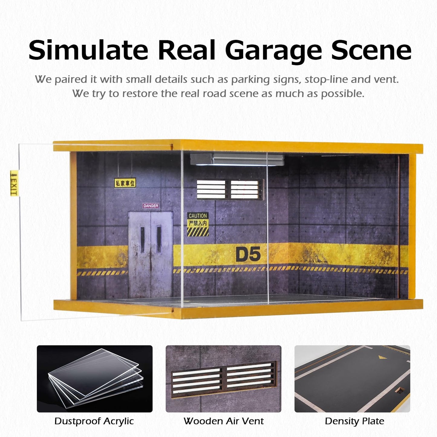 cxiiuui Hot Wheels Display Case Car with LED Light and Acrylic Cover 1/24 Scale Wooden Parking Garage Model for Diecast Cars Grey