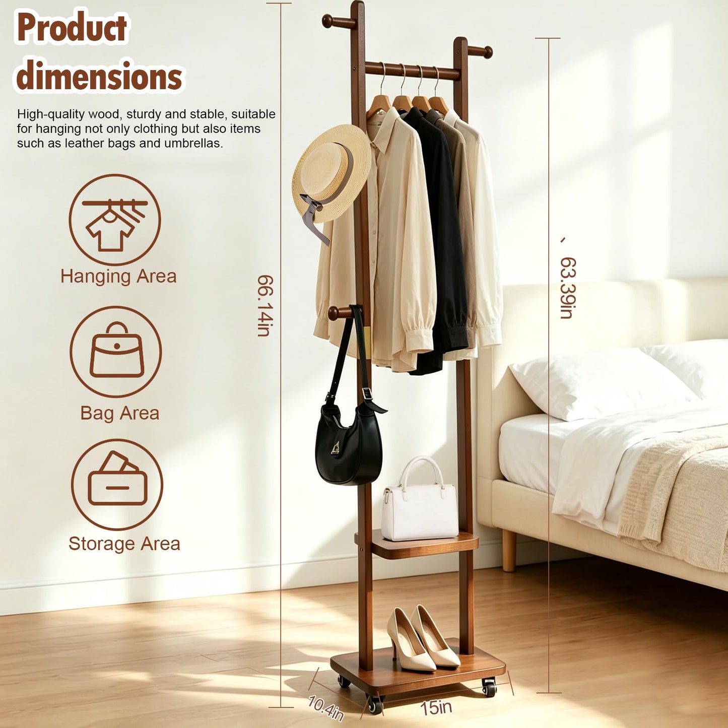 Solid Wood Coat Rack with Wheels - 2-Tier Freestanding Clothing Rack with 5 Hooks & Storage Shelves, Heavy Duty Rolling Clothes Stand for Entryway, Bedroom, Corner