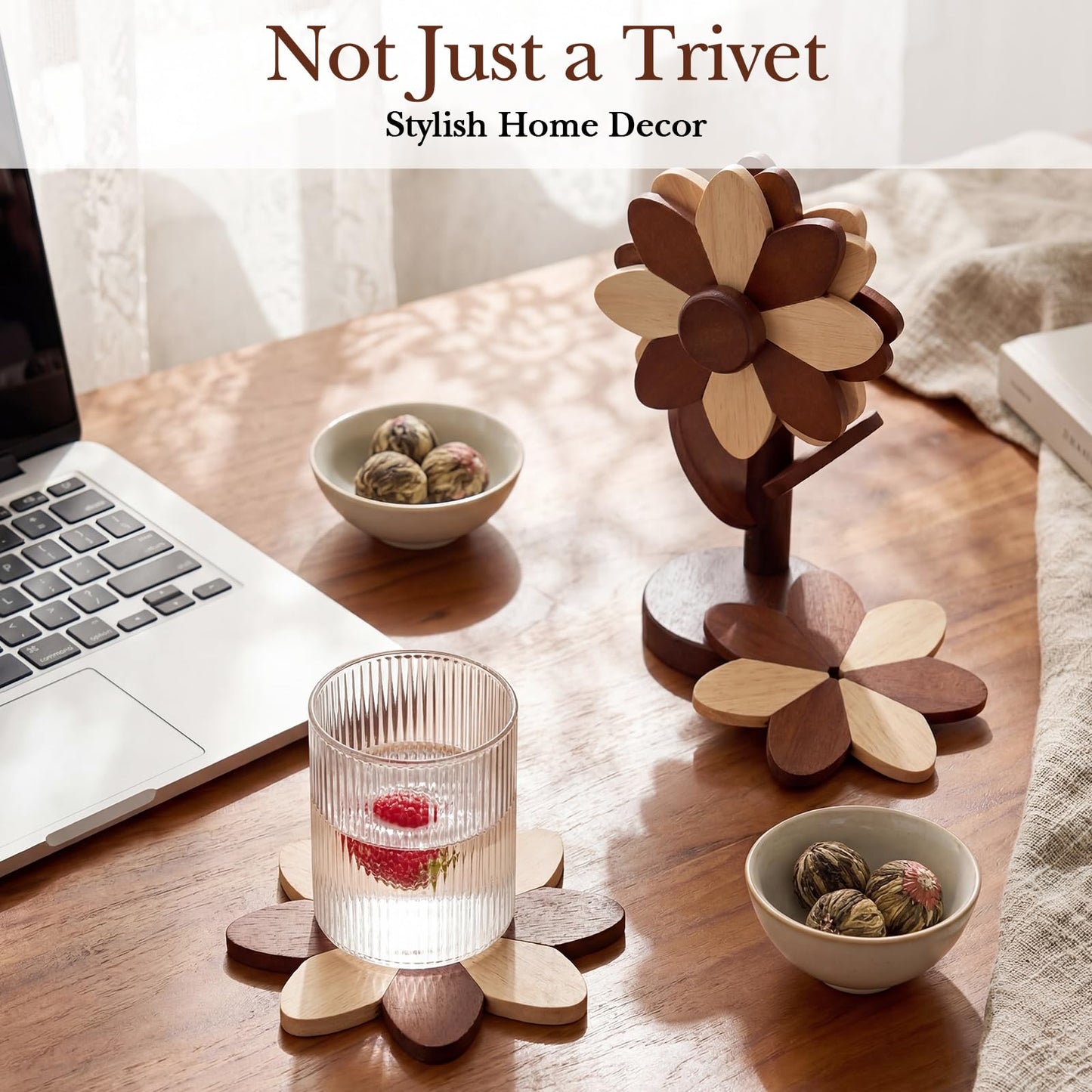 Threehoney Wooden Flower Coaster Set Wooden Trivets for Hot Dishes Tree Shape Trivet Set 4 Wood and 1 Stand Stored Beech Color Blocked Design(Walnut Wood Color)