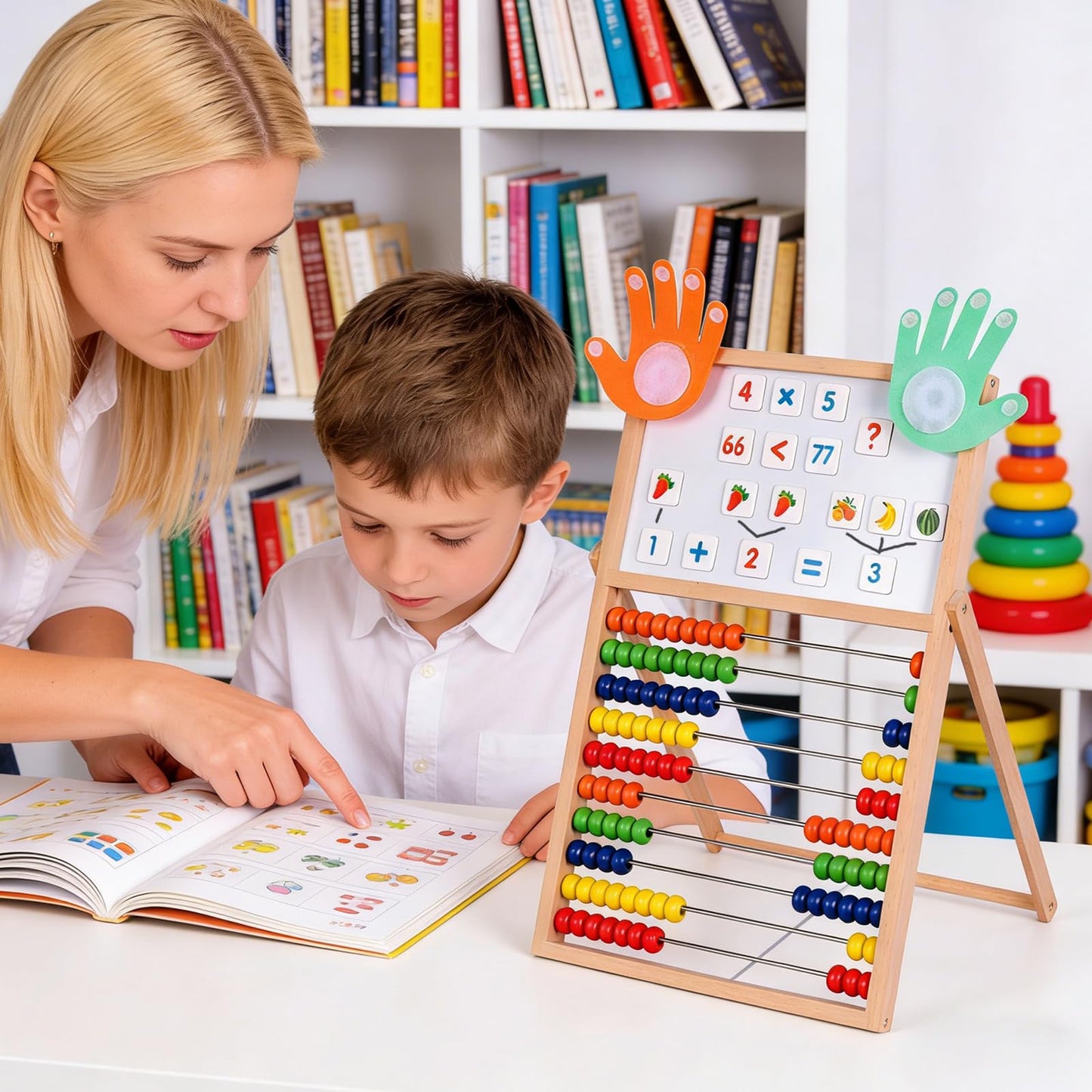 Wooden Abacus for Kids Math - Double-Sided Black/Whiteboard for Toddlers with 152 Magnetic Number & Fruit Cards, 100 Counting Sticks and Number Blocks Finger Counting Toys Homeschool Essentials
