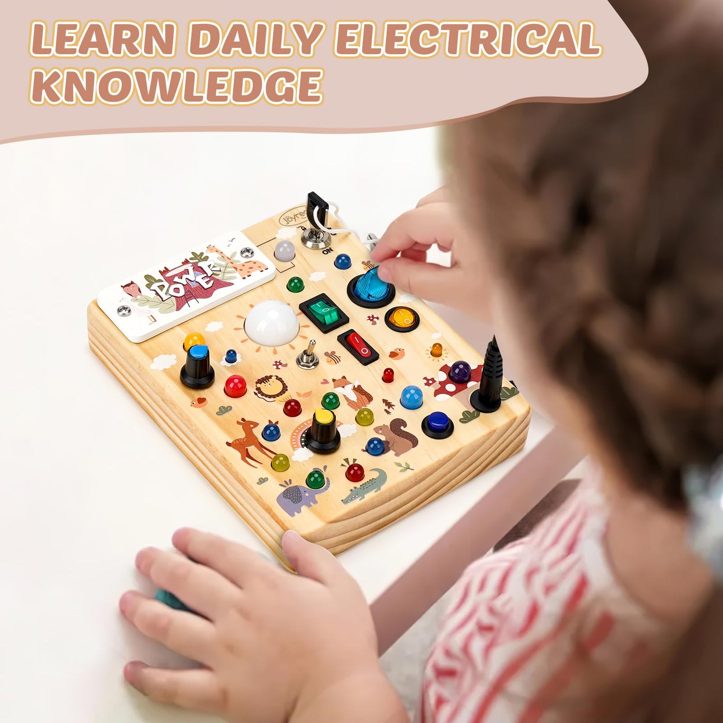 Joyreal Wooden Busy Board with LED Light, Montessori Toddler Toys, Wooden Sensory Board, Toddlers Activity Travel Toys for Boy & Girl Birthday Gift (Forest Theme)