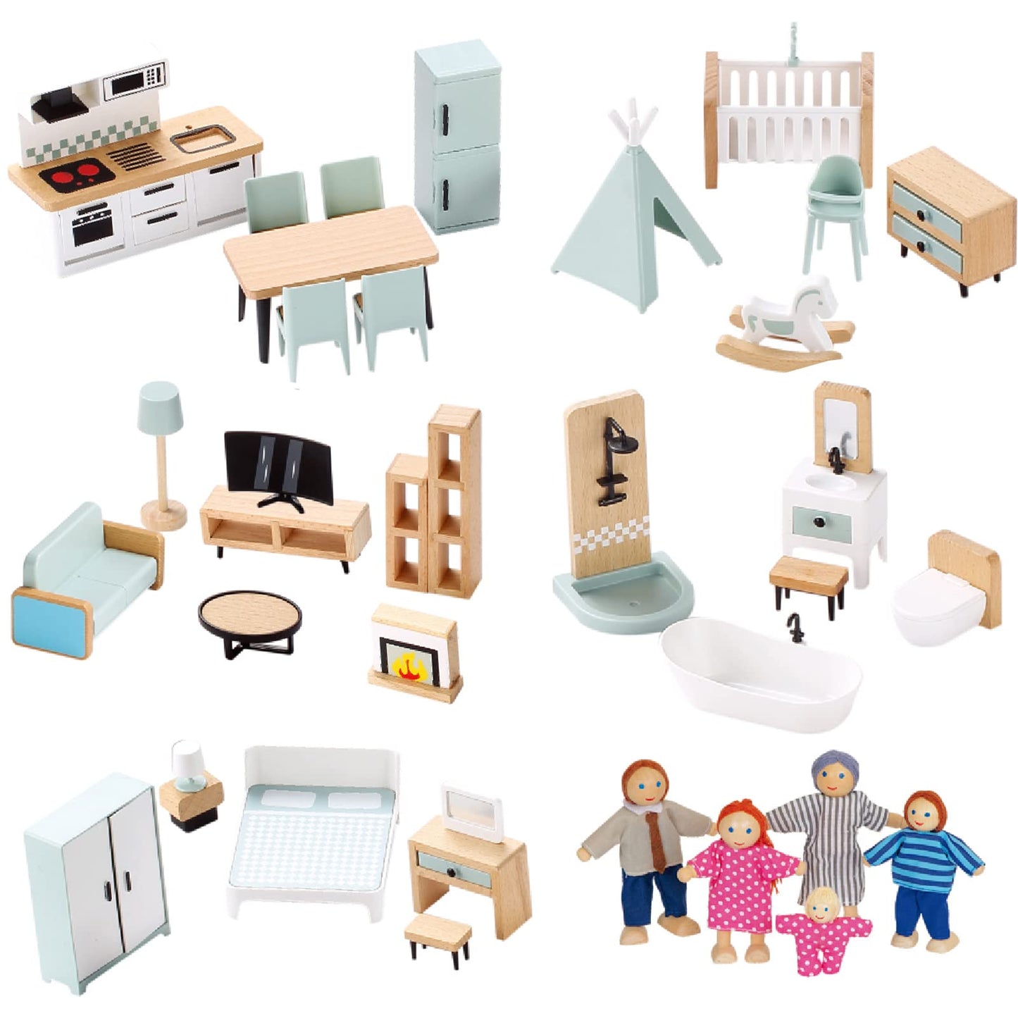 Wooden Dollhouse Furniture Set, 72pcs Furnitures with 8 Family Dolls, Dollhouse Accessories Pretend Play Furniture Toys