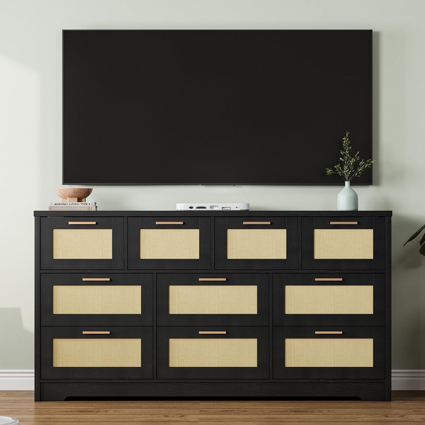 GarveeLife 10 Drawer Dresser for Bedroom, 59 in Farmhouse Rattan Dressers & Chests of Drawers, Wooden Storage Organizer with Anti-Tipping Device for Living Room, Hallway, Entryway, Black