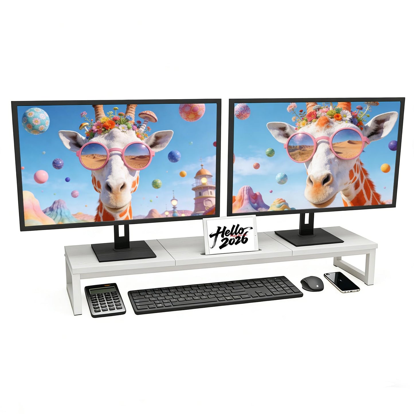 huacz Dual Monitor Stand Riser, 38.7'' Long Wood and Steel Monitor Stand for 2 Monitors, Ergonomic Desktop Organizer with Tablet Stand for Computer,Laptop,TV (White)
