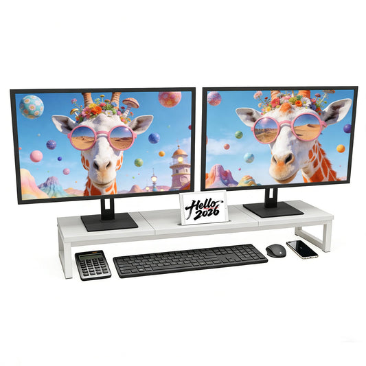huacz Dual Monitor Stand Riser, 38.7'' Long Wood and Steel Monitor Stand for 2 Monitors, Ergonomic Desktop Organizer with Tablet Stand for Computer,Laptop,TV (White)