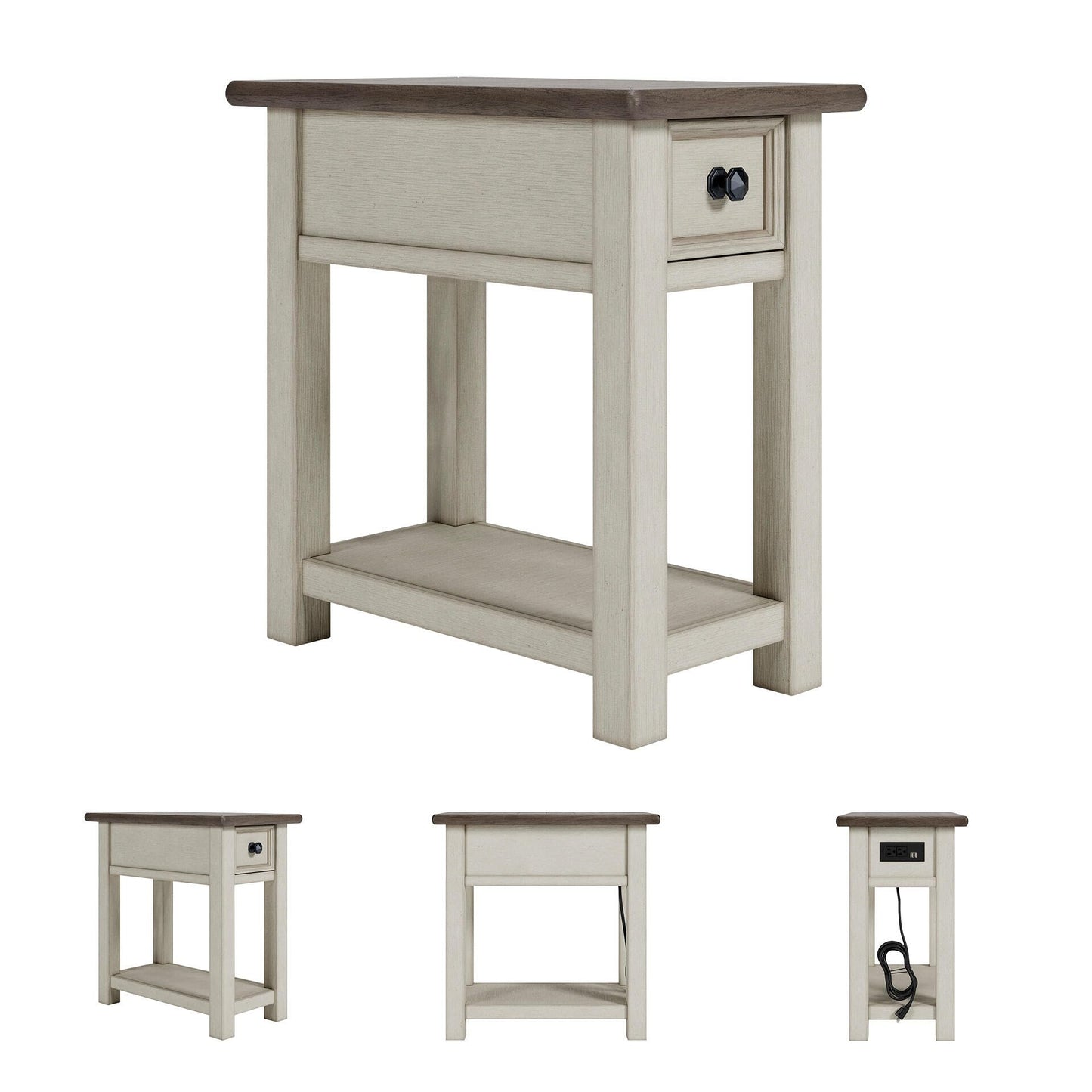 Signature Design by Ashley Bolanburg Chairside End Table With Charging Station, Two-Tone Wood Accent Table With Drawer Storage, Plank Top Design for Living Room or Bedroom, Antique White