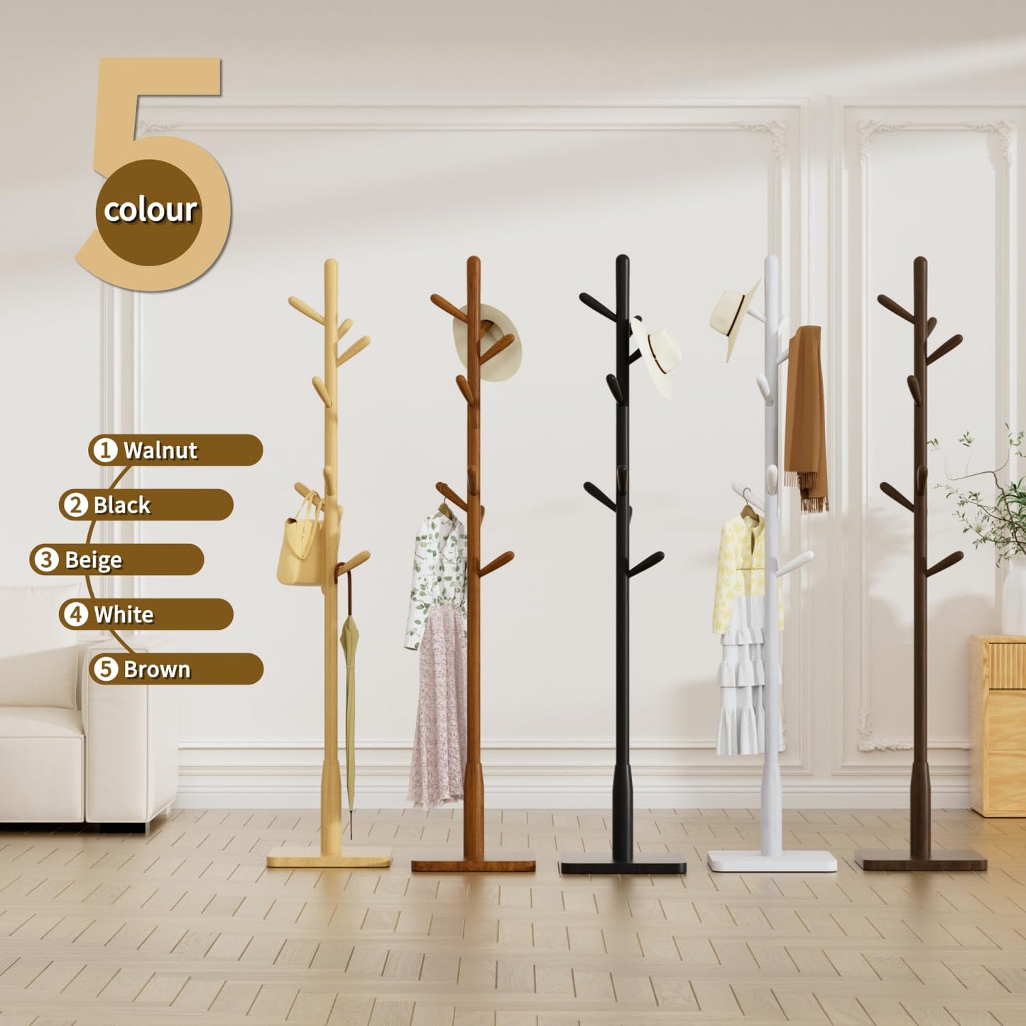 Awatiwa Solid Wood Square Base Coat Rack, Free Standing Hall Coat Tree with 8 Hooks（+2 spare for Coats, Hats, Bags, Purses, for Entryway, Hallway, Rubberwood Hooks,Base and Pole,(Square Base,Brown)