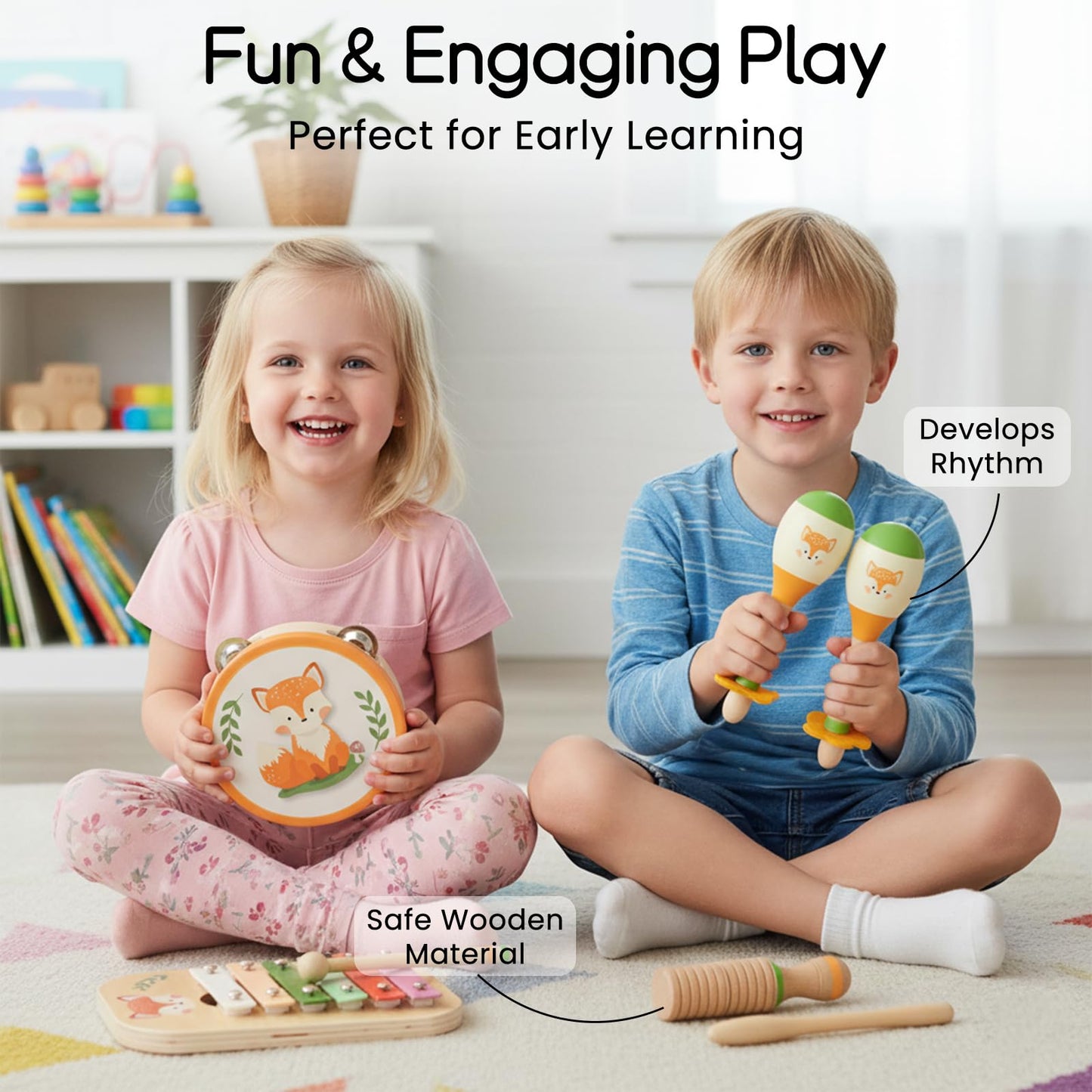 Wooden Musical Instruments Set for Toddlers, Natural Wood Percussion Instruments Xylophone Gift Set for Girls Boys Kids ,Preschool Educational Musical Toys with Storage Bag (Orange Set)