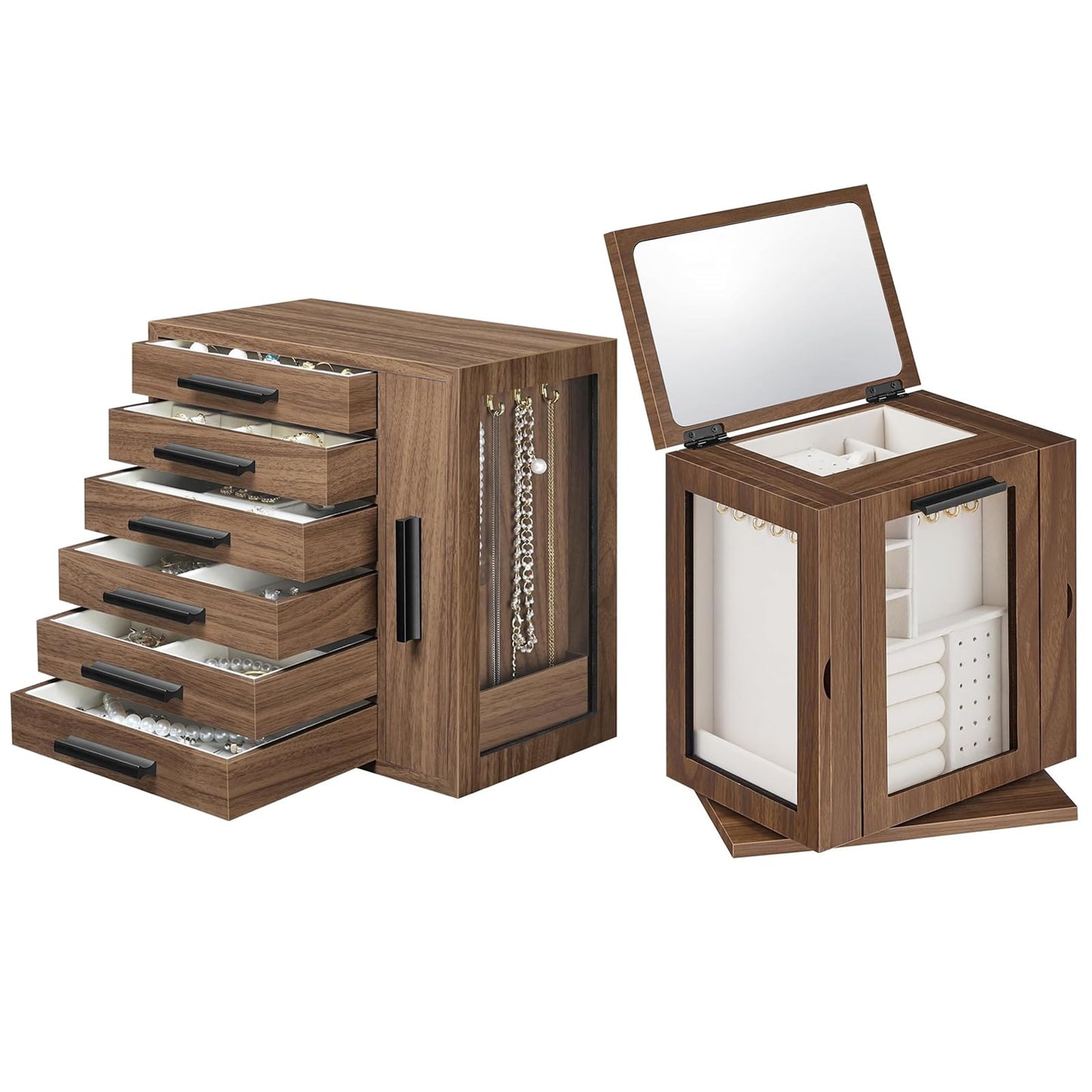 HOOBRO Jewelry Box for Women, Jewelry Organizer Box, 6-Tier Wooden Jewelry Box and 360° Rotating Jewelry Box with Mirror, Jewelry Organizer with 4 Drawers Bundle, BH12JB04-BH31JB04