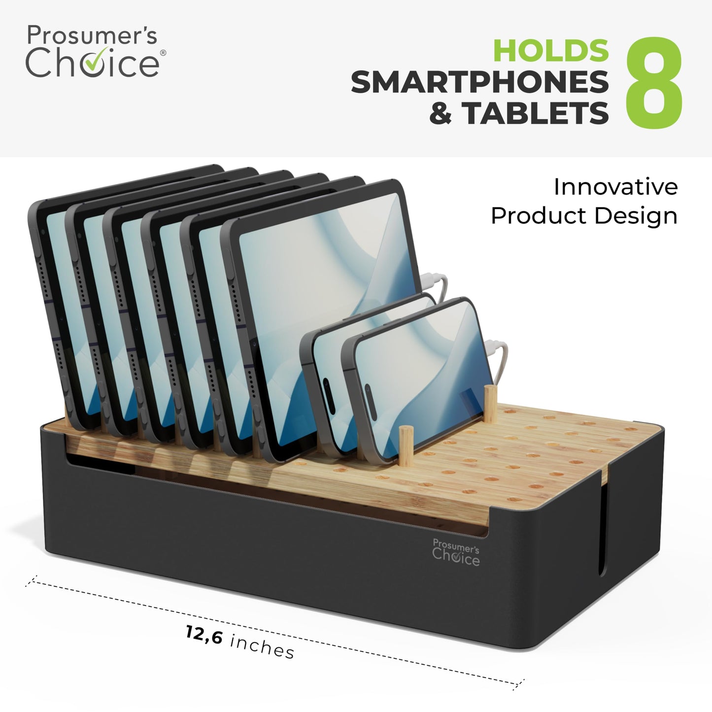 Prosumer's Choice Black Wooden Charging Station Organizer for Multiple Devices - Cable Management Box with 5 Slots and Removable Dividers - Charger Organizer for Phone, Tablet, Home, Office, 12"x6"x7"