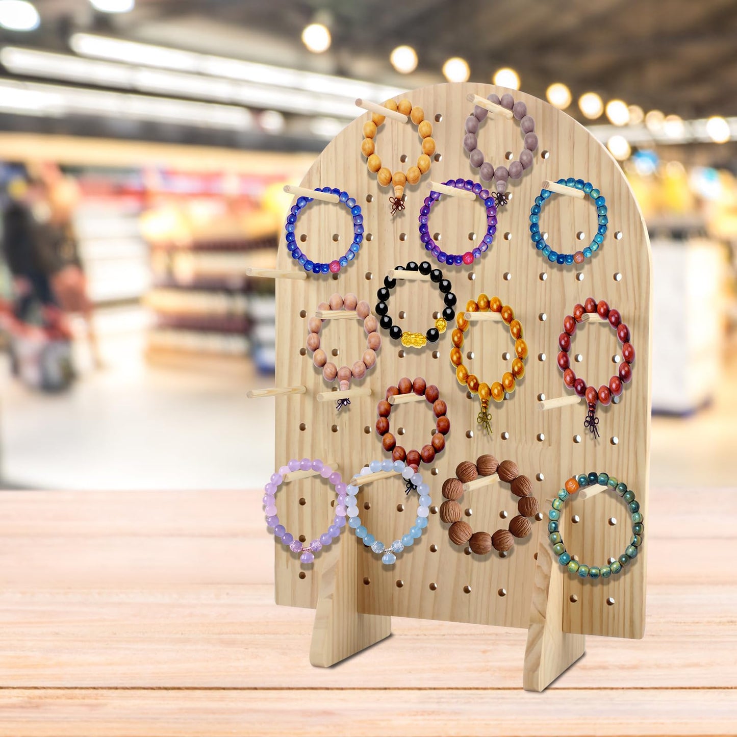 Wooden Pegboard Display Stand with 25 Pcs Dowel Rods, Pegboard Accessories Rack, Keychain Jewelry Display Stand for Vendors, Oval Pegboard Stand for Jewelry, Craft Shows, Necklace Pin, Earrings