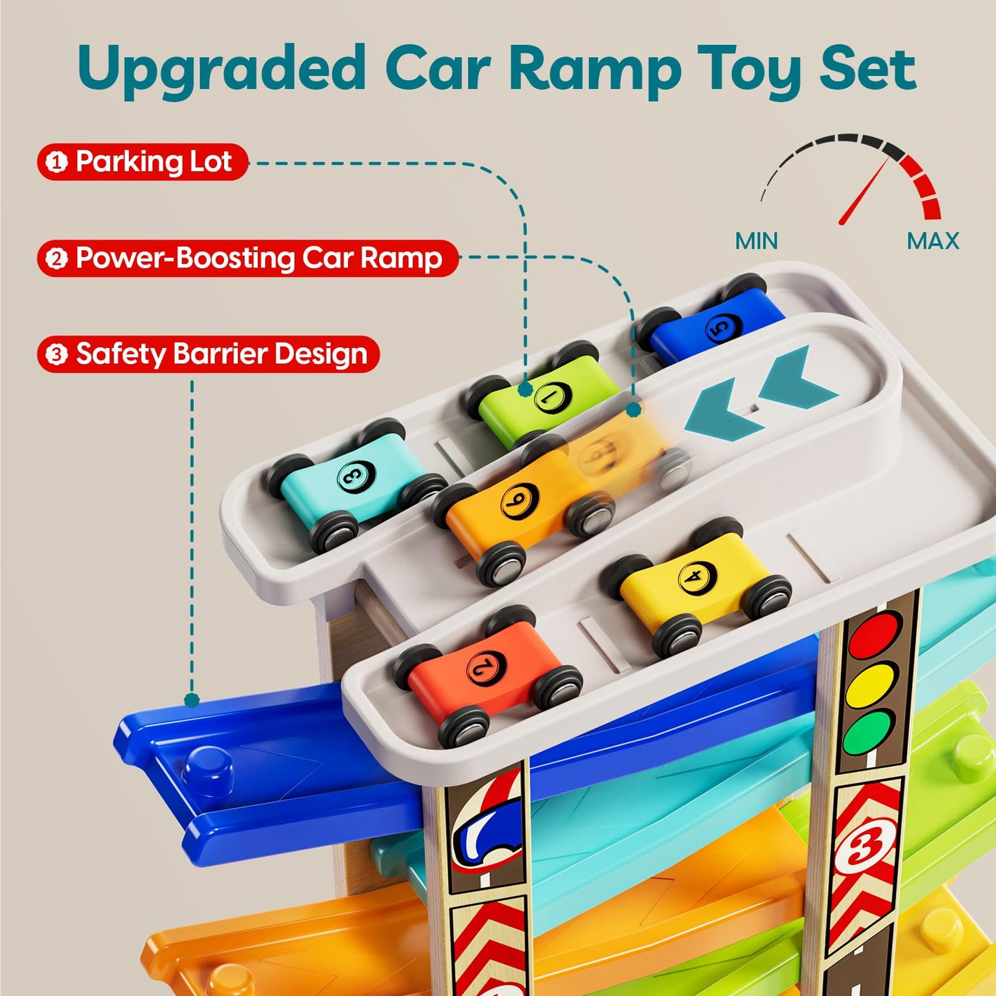 TOP Bright Wooden Race Track Car Ramp Toys for Toddlers 1-3 Years Old with 6 Mini Cars, 1 Car Garage & Extra Bridges, Toddler Montessori Toys for 1 Year Old Boys Girls Birthday