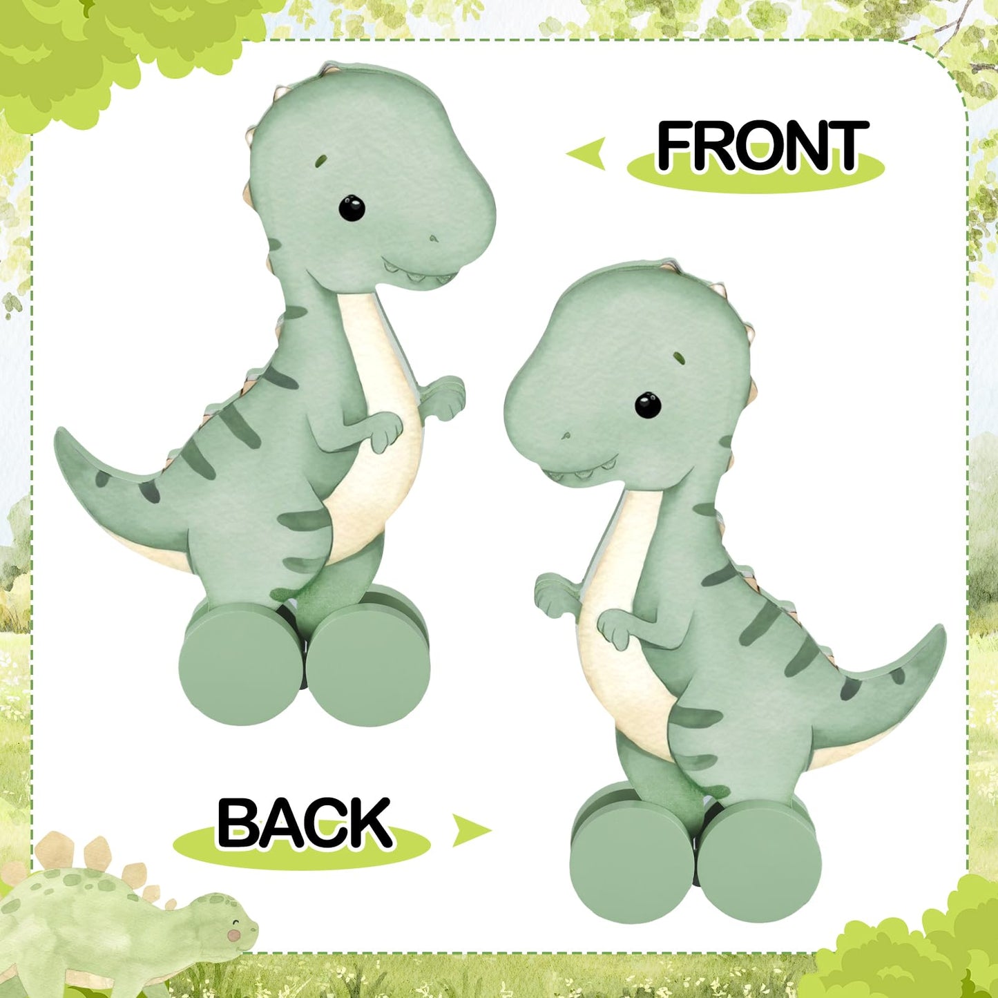 Yinkin 3 Pcs Wooden Dinosaur Baby Shower Table Decorations Rustic Baby Dinosaur Shower Figurines with Wheels Spring Table Centerpiece for Home Office Tiered Tray Decor