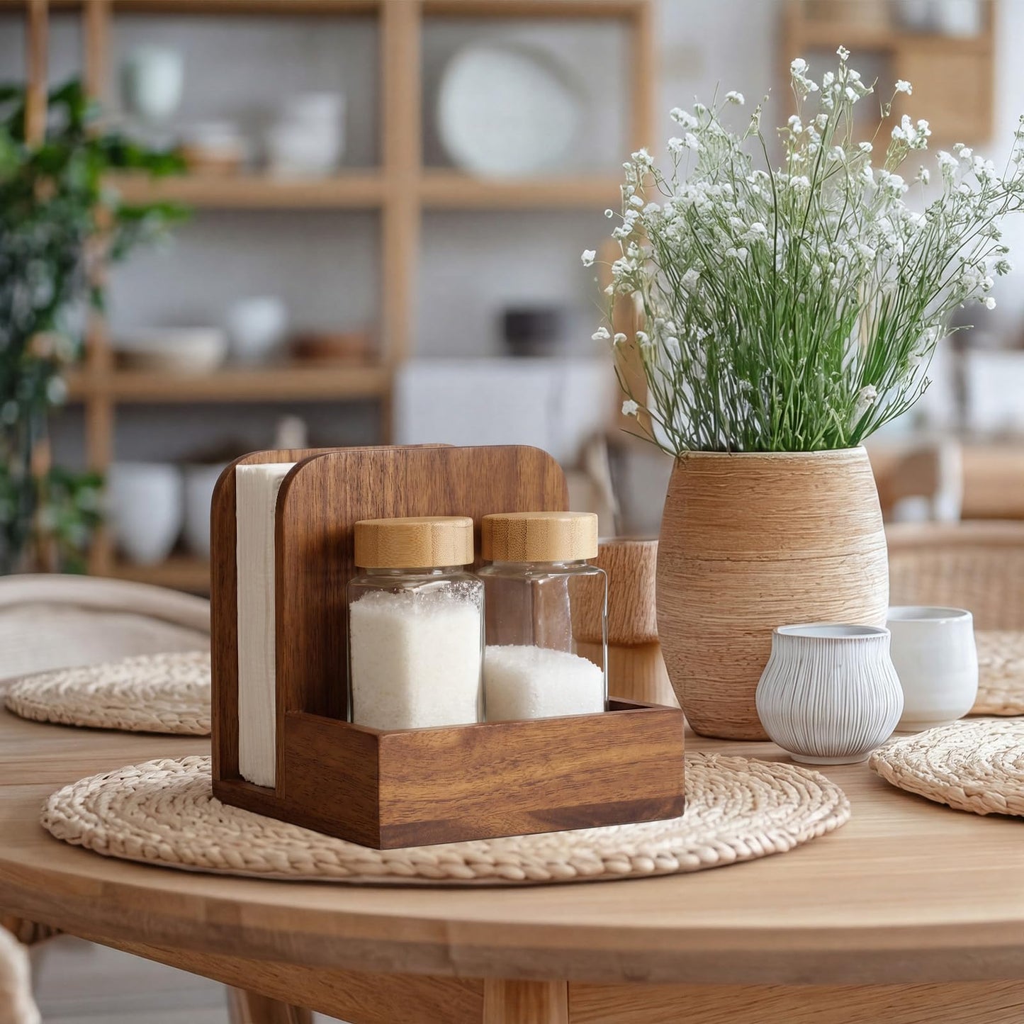 Mifoci 2 Pcs Acacia Wood Napkin Holder for Table Farmhouse Wooden Napkin Holder with Salt and Pepper Shakers Condiment Caddy Standing Paper Storage Centerpiece for Kitchen Dining Table Decoration
