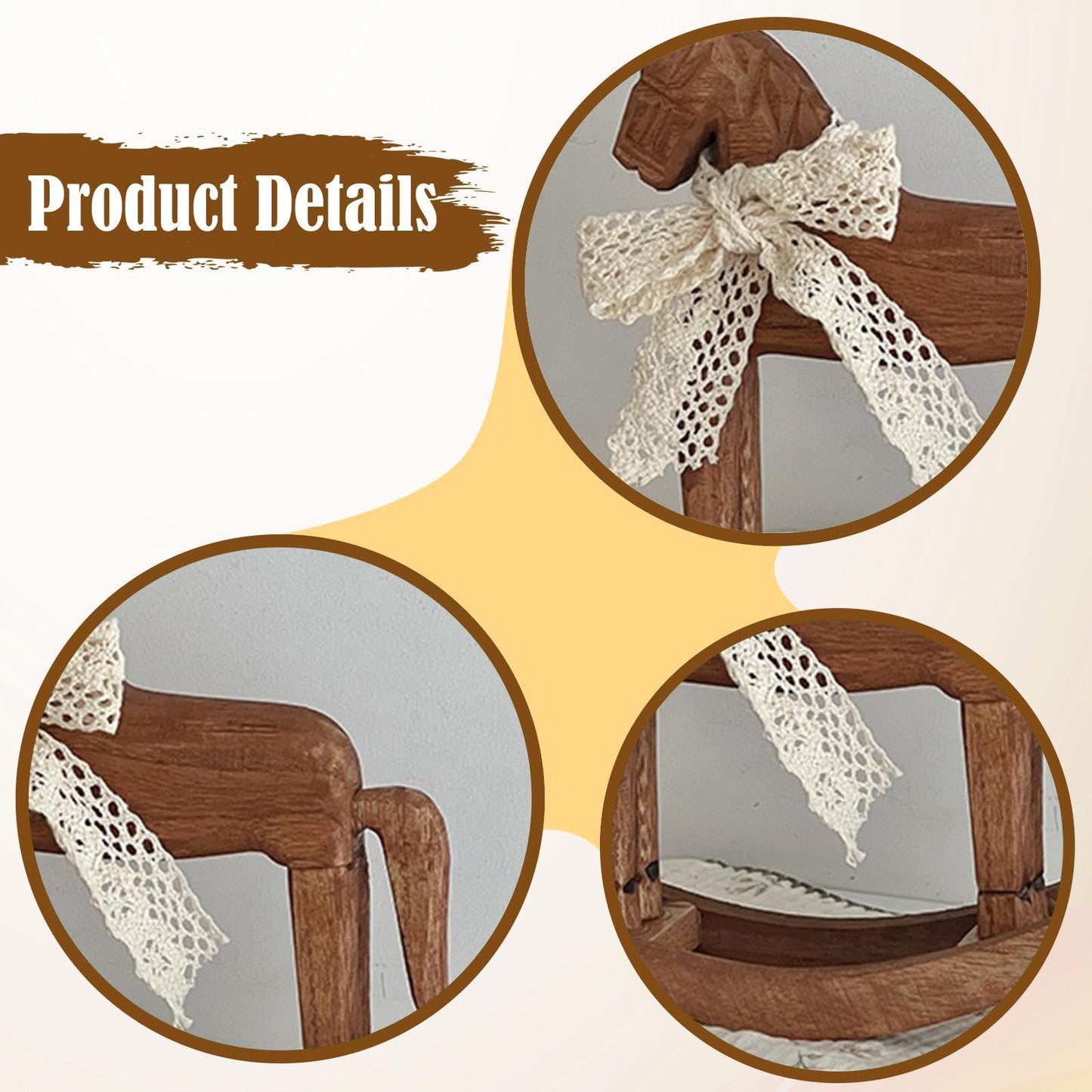 MagiDeal Wooden Horse Figurine Rocking Horse Statue with Ribbon Decorative Unique Collectible Holiday Season Ornament Table Decoration, C Lace Ribbon