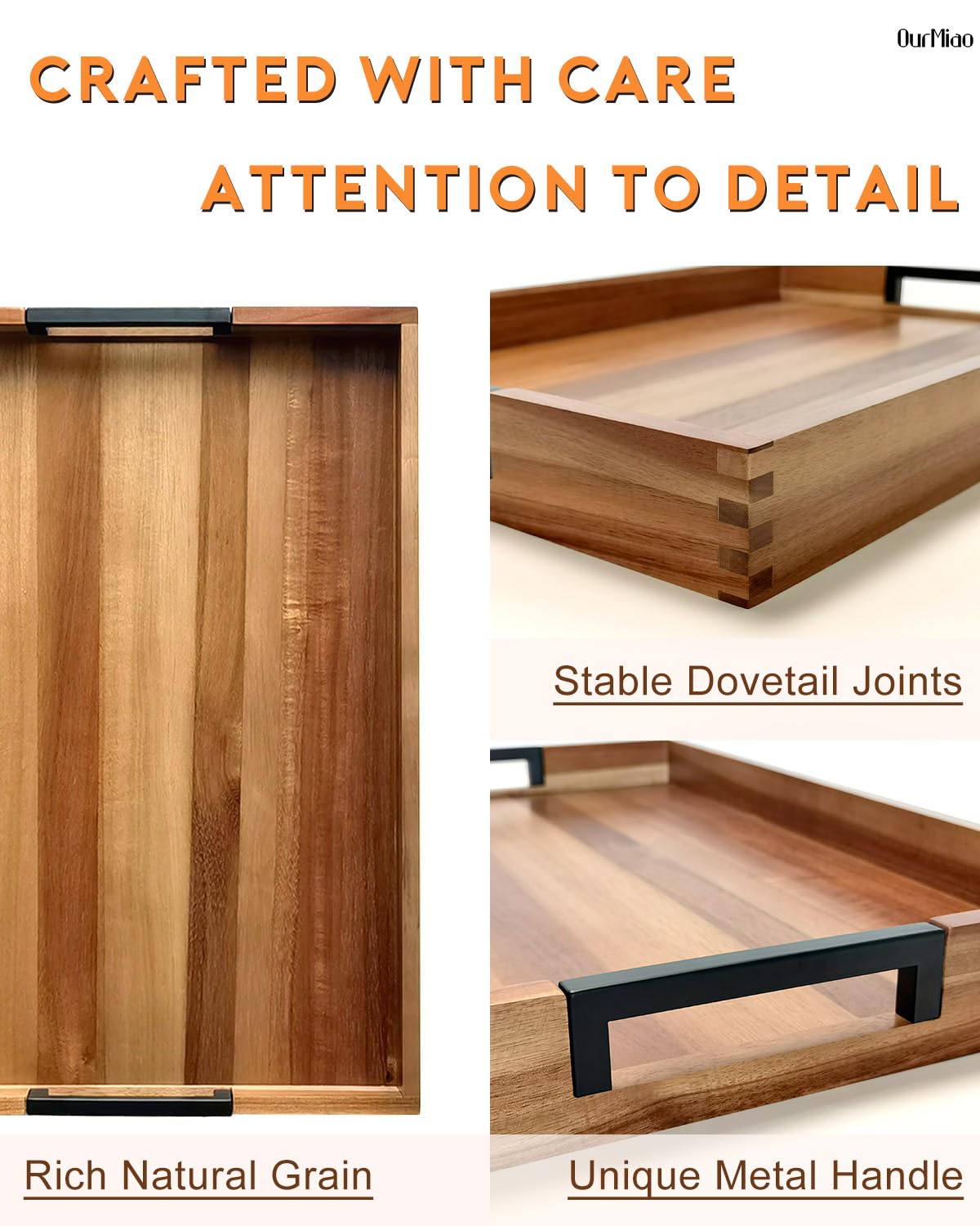 OurMiao 22 Inches Acacia Wood Serving Tray with Metal Handles, Extra Large Rectangular Wooden Ottoman Tray for Living Room, Coffee Table, Coffee Station, Kitchen & Hosting