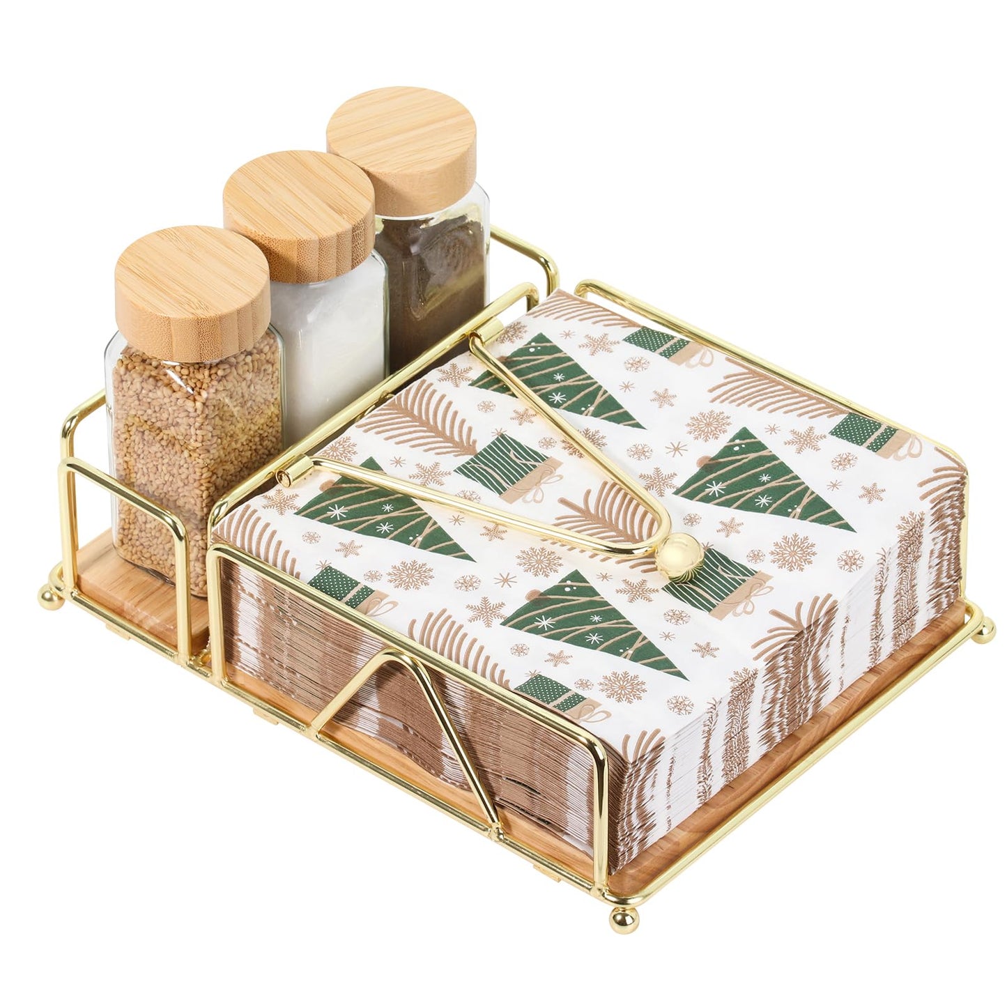 4 Piece Set Metal Napkin Holder with Salt and Pepper Shakers,Wooden Base,Modern Flat Gold Napkin Holder for Table,for Kitchen Table Decor,Cocktail,Bathroom,Party(Gold)