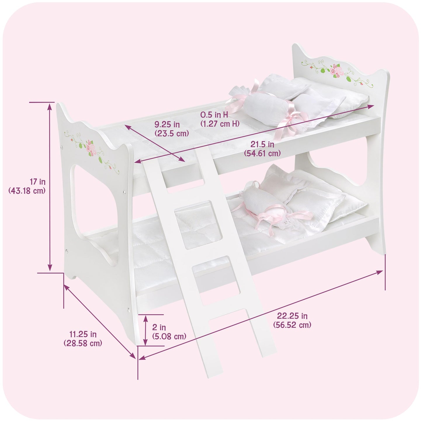 Badger Basket Doll Bunk Bed with Ladder and Bedding – Stylish White & Rose Design for 18 to 20-Inch Dolls with Pillows and Blankets