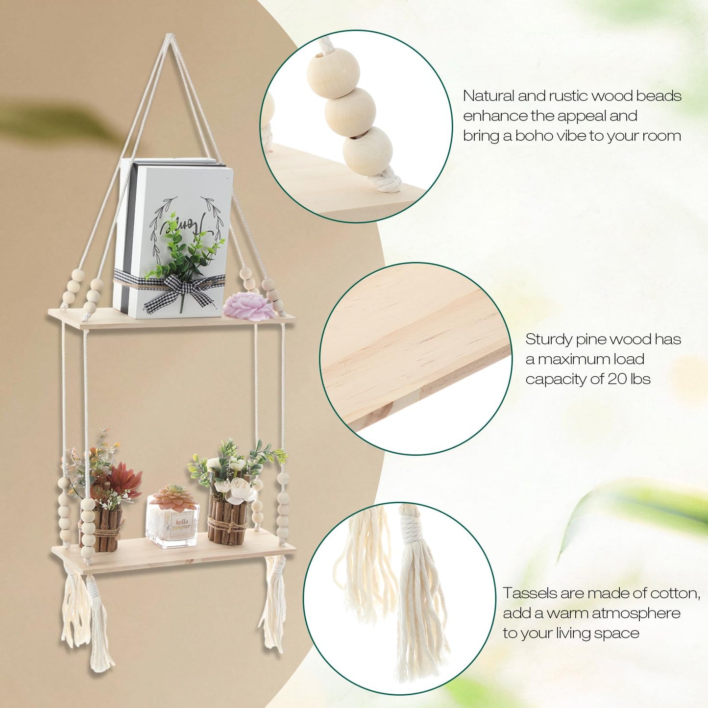 Chunful 2 Pack Macrame Wall Hanging Shelf 2-Tier Boho Wooden Display Floating Shelf Wooden Rustic Plant Rope Hanger Rack with Beads and Tassel for Wall Decor Bedroom Dorm Nursery Living Room Bathroom