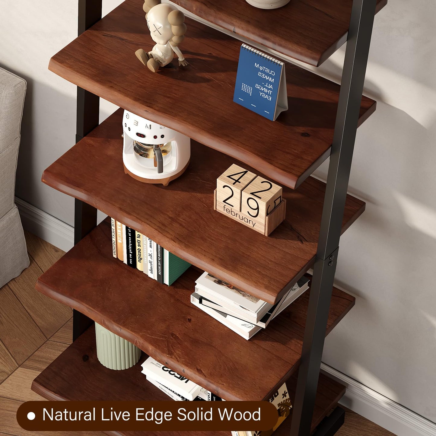 IBF 5-Tier Solid Wood Ladder Bookshelf with Natural Live Edge