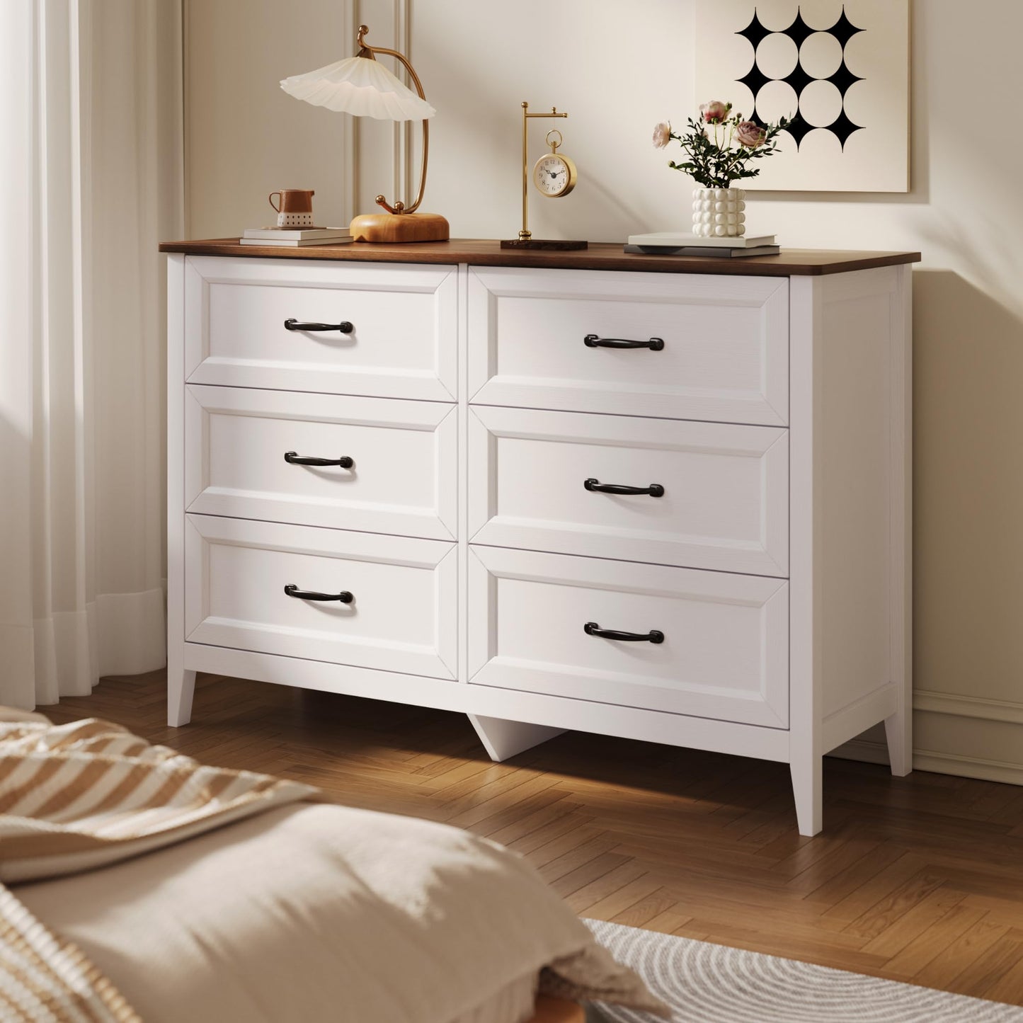 Gizoon 47.2" W Dresser for Bedroom, 6 Chest of Drawers, Modern Drawer Dresser, Wood TV Stand for Living Room, with Smooth Rail, Metal Handles, Anti-tip, Hallway, Retro