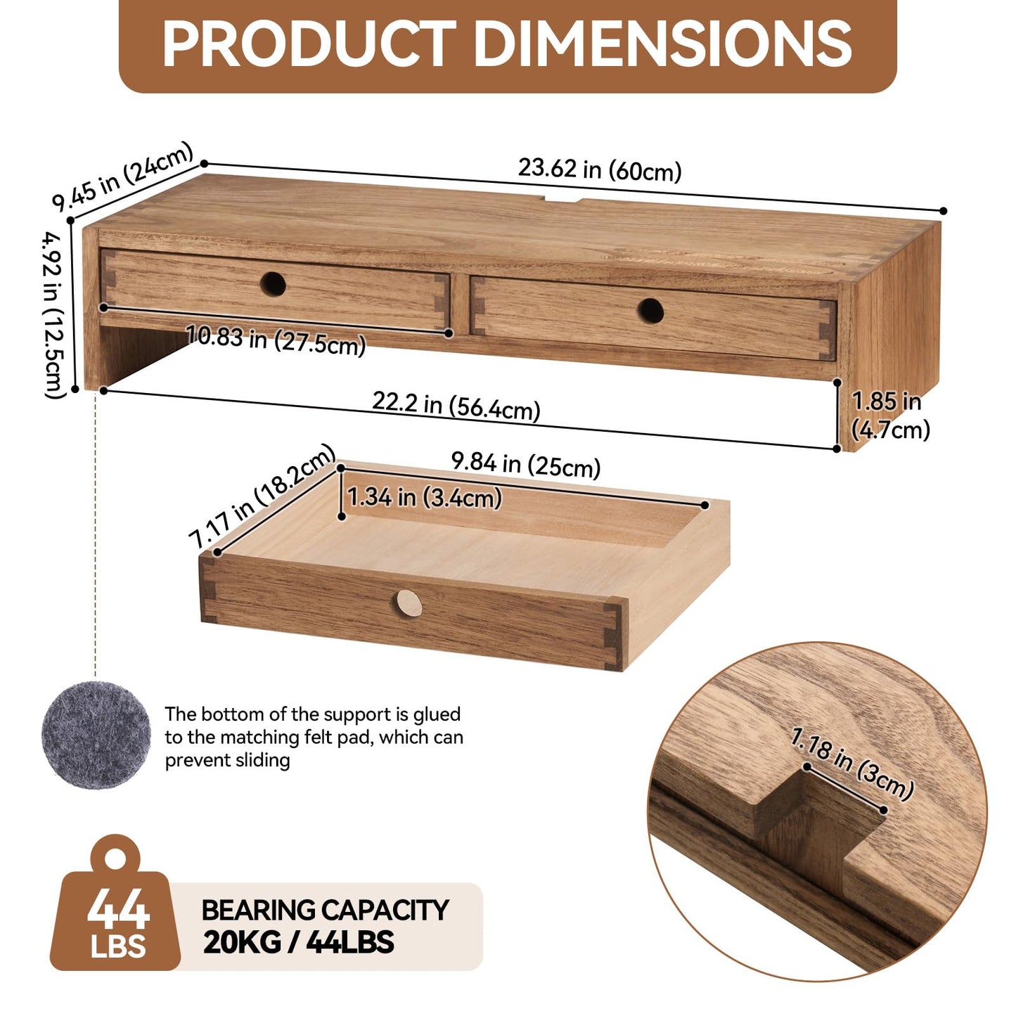 KIRIGEN Wood Monitor Stand with 2 Drawers, Solid Wood Computer Monitor Riser for Desk, Desktop Organizer Shelf with Cable Management, Pen Slots, Brown, No Assembly PMJ-DBR