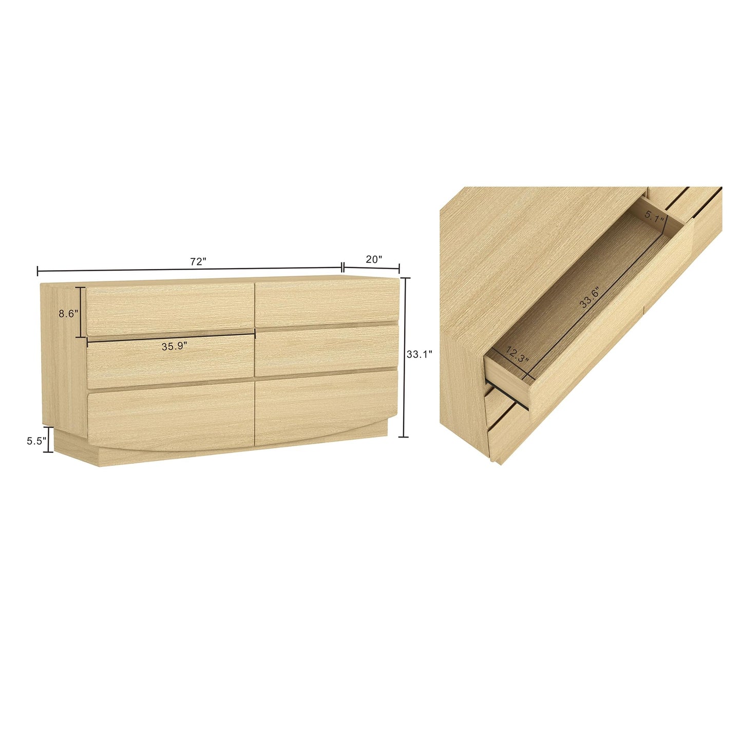 Manhattan Comfort Ardea Modern 6 Drawer Dresser, 72" Wide Minimalist Contemporary Storage, Smooth-Glide Handle-Free Drawers, Natural Oak