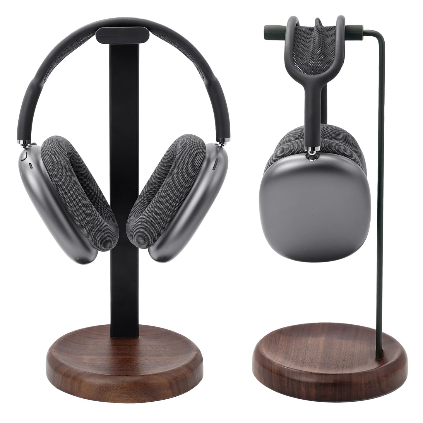 GEVO Headphone Stand for Desk - Walnut Wood & Aluminum Headset Stand, Universal Wooden Gaming Headphone Holder for AirPod Max, Bose, Sony, Razer, Jabra, JBL (Walnut Circular Base)