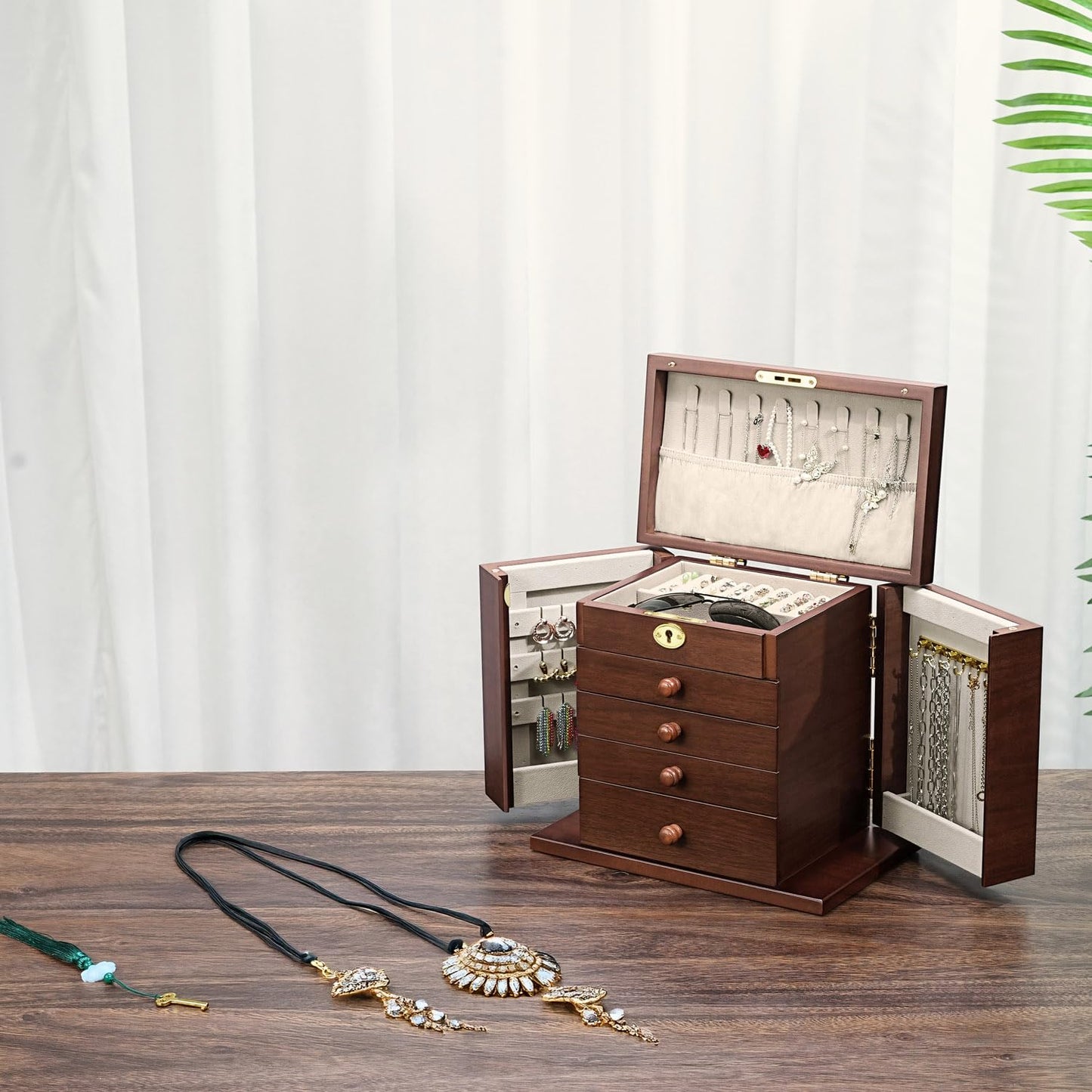 Artisticbox wooden Jewelry Box and Organizer - 8-Layer Lockable Wooden Jewelry Boxes for Women - Large Jewelry Boxes and Organizer with Key,Gift for Wife,dresser top jewelry box with lock